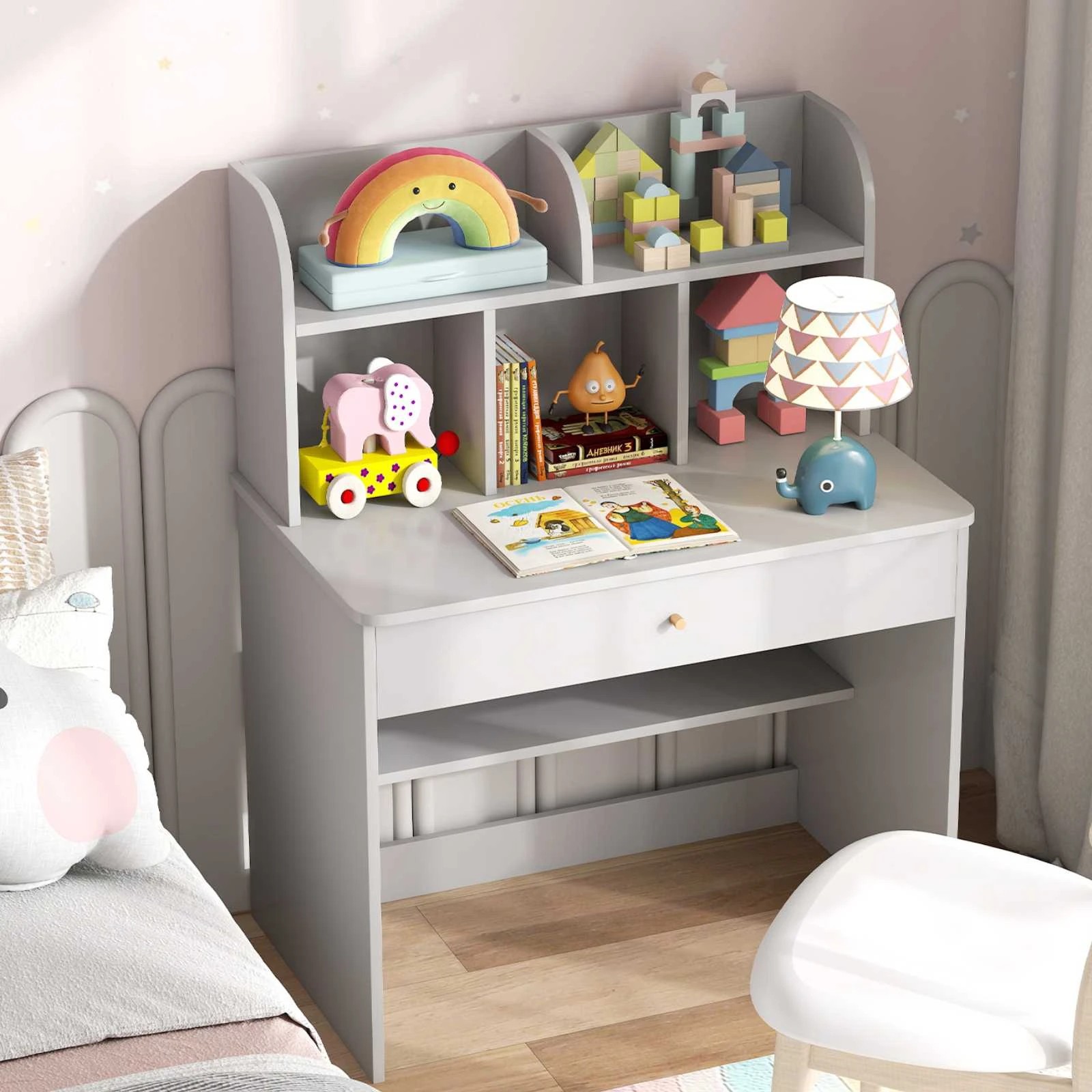 2 Costway Study Desk Writing Table Students Learning Desk - Grey, 2 of 3