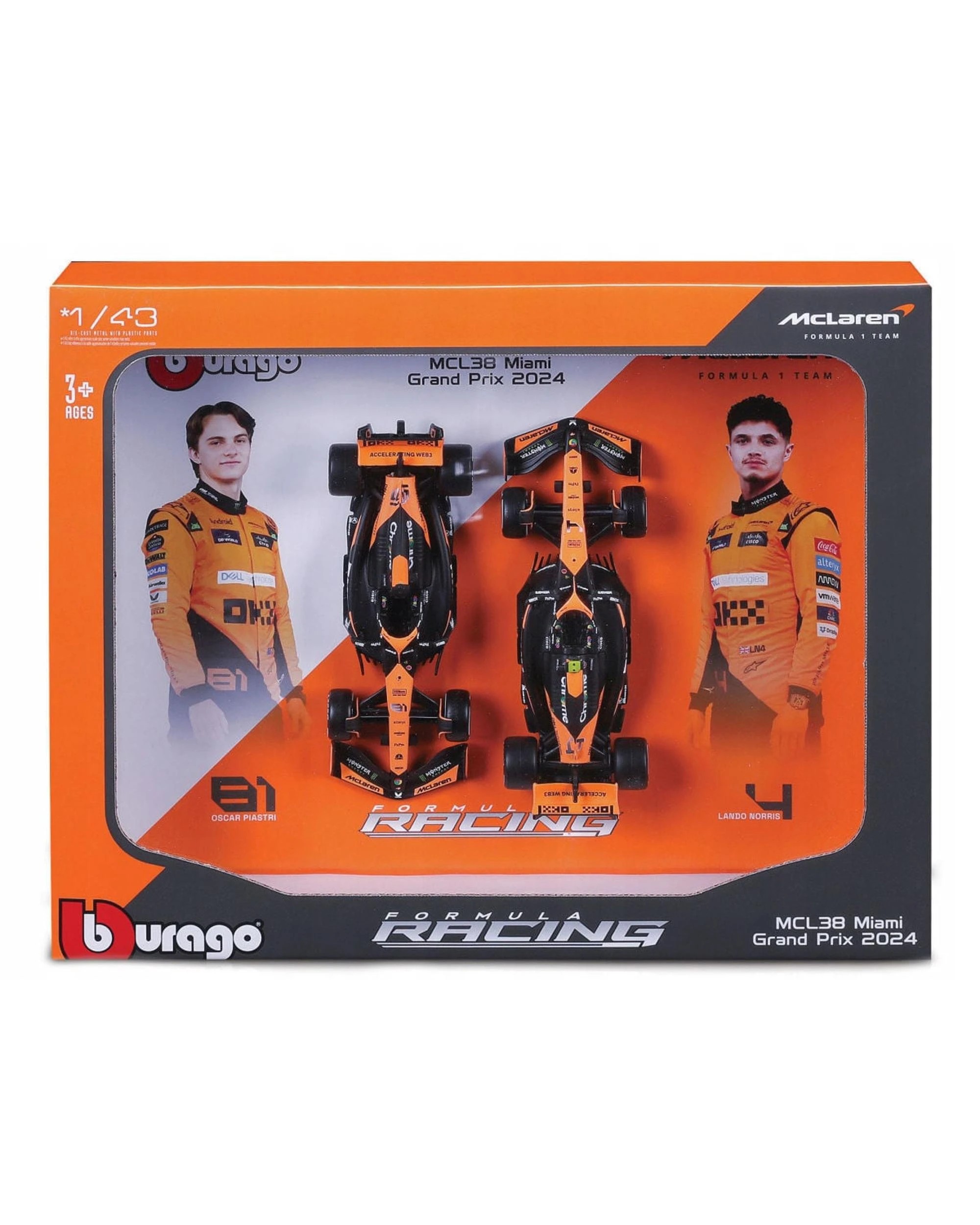 1 Bburago Formula Racing 2024 F-1 McLaren MCL38 #81 Piastri and #4 Norris 1:43 Scale Diecast Vehicle 2 Piece Gift Pack, 1 of 3