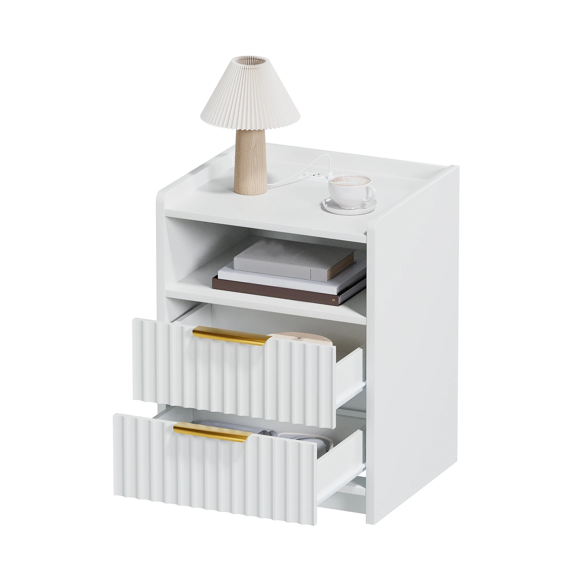 5 Advwin Set of 2 Bedside Table with Charging Station 2 Drawers Open Shelf - White, 5 of 6