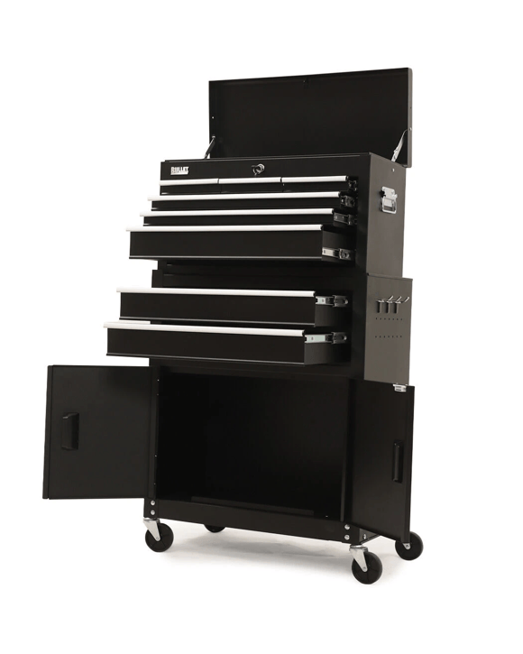 Bullet Pro 8 Drawer Tool Box Chest Cabinet Storage, with 2-Door Toolbox Garage Organiser Set, Black