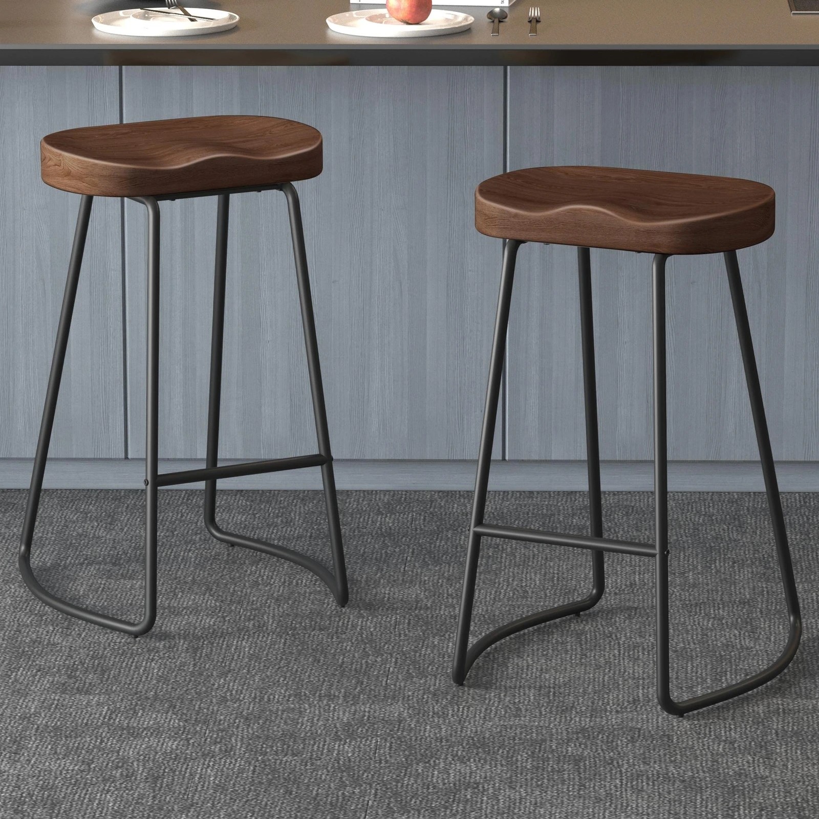 2 Alfordson 2x Bar Stools 75cm Tractor Kitchen Wooden Vintage Retro Chair - Brown, 2 of 10