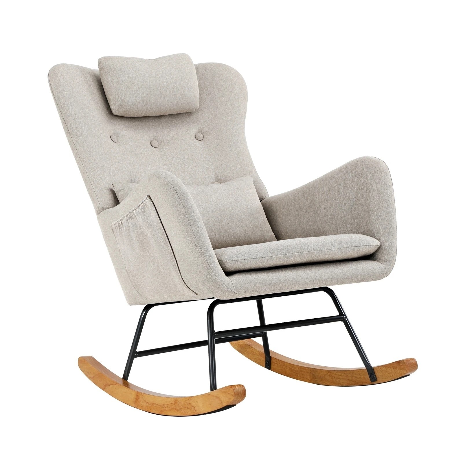 8 Oikiture 2x Rocking Chair Nursing Armchair Linen Chairs With 2 Pillow - Beige, 8 of 10