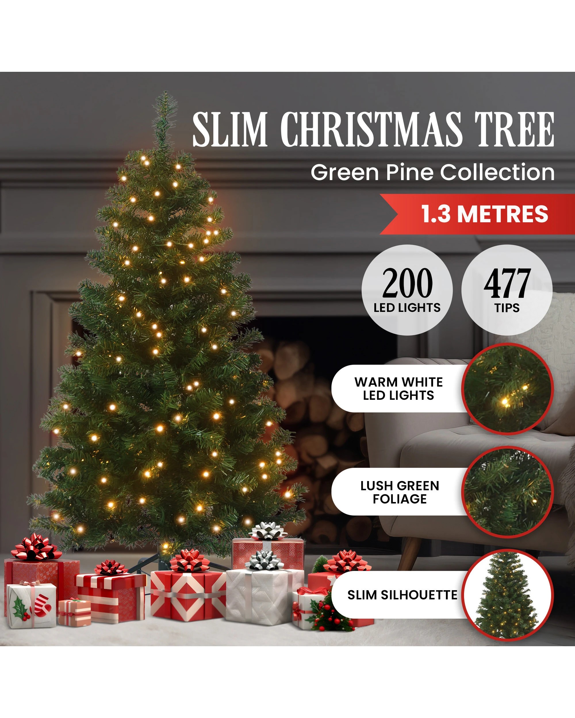 3 Christabelle 137cm Pine Slimline Christmas Tree With Led Lights, 3 of 6