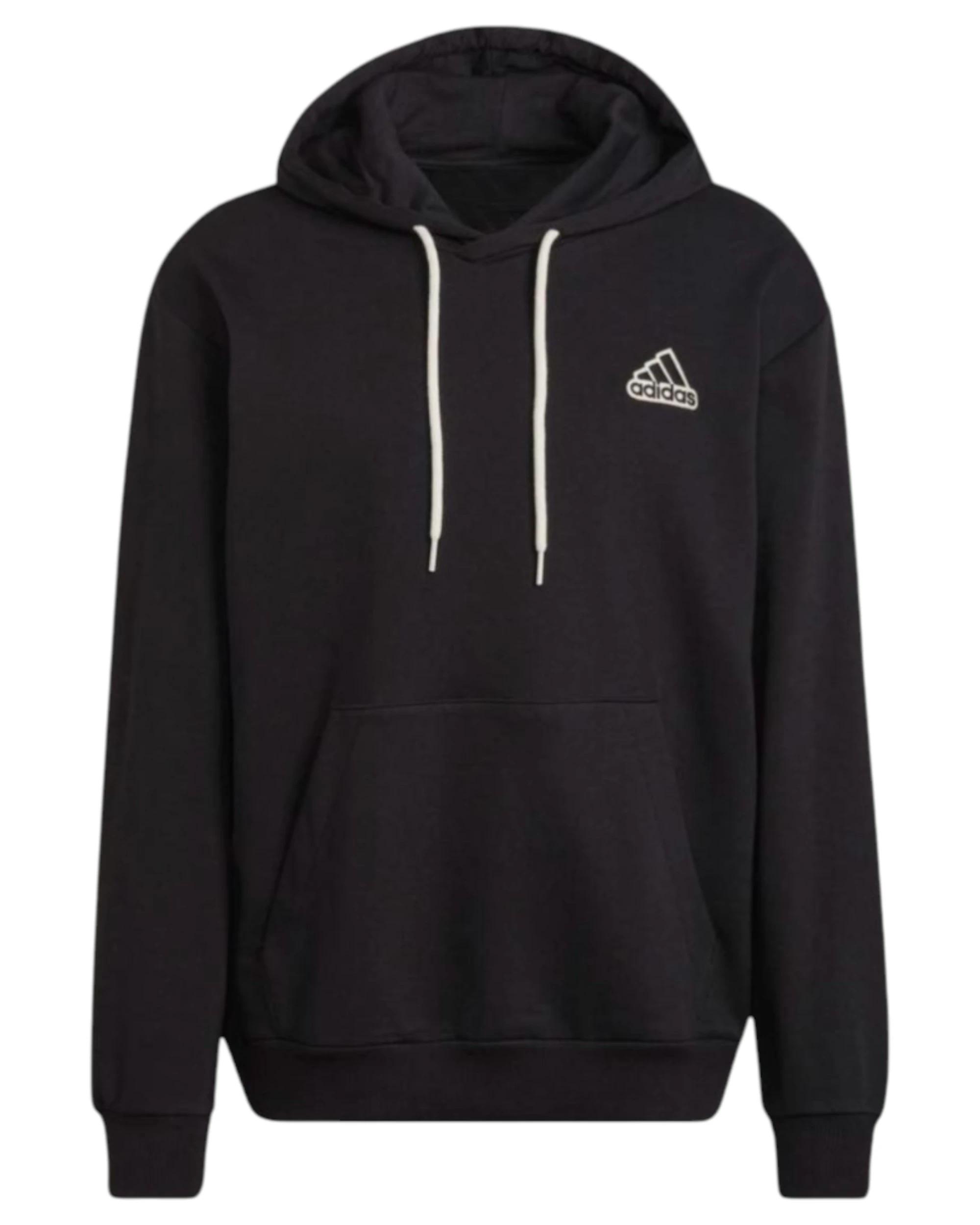 1 Adidas Mens Essentials Feel Comfy Black French Terry Logo Hoodie BLACK, 1 of 4