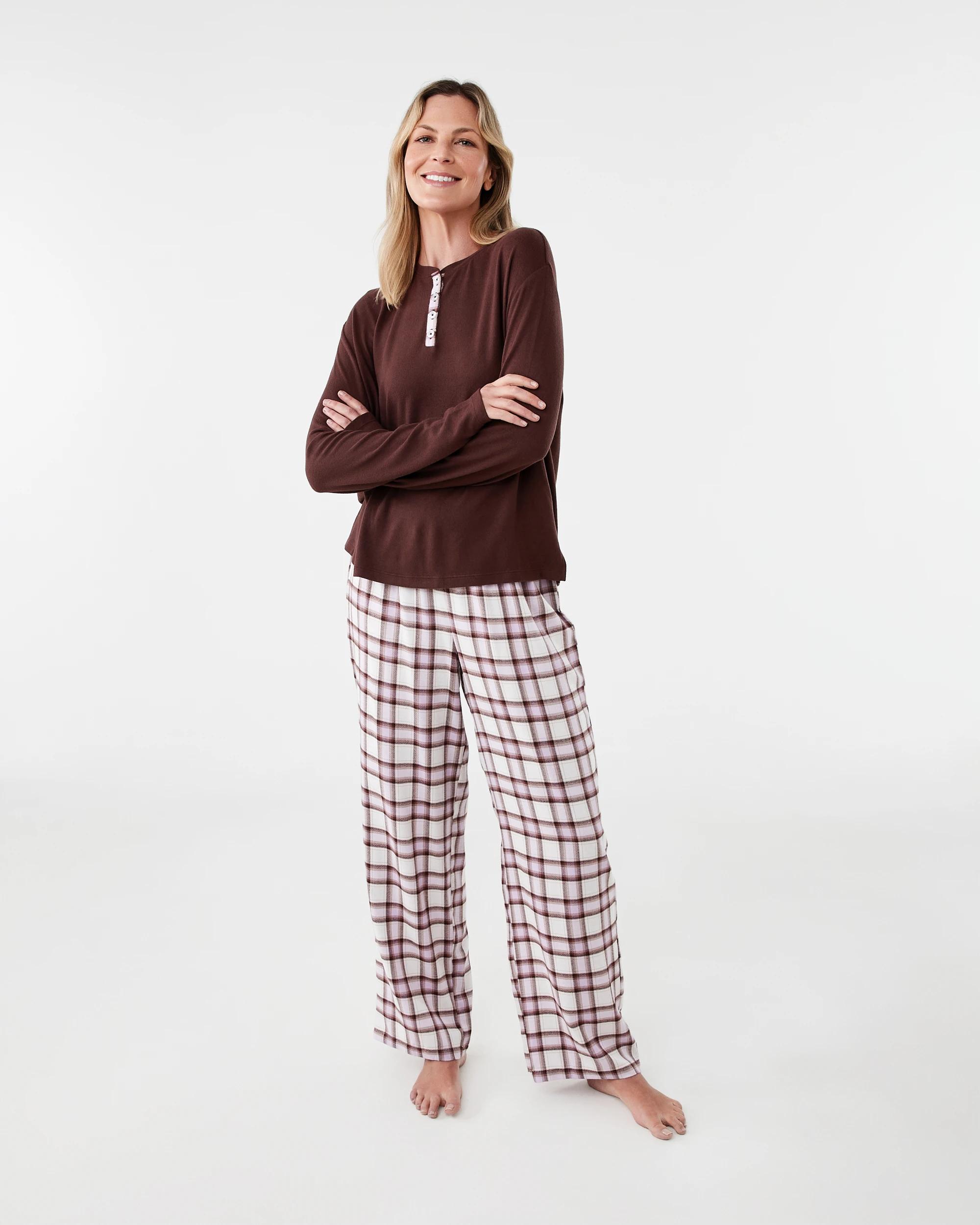 1 Supersoft Henley Top and Flannel Pants Pyjama Set Chk Bwn, 1 of 8