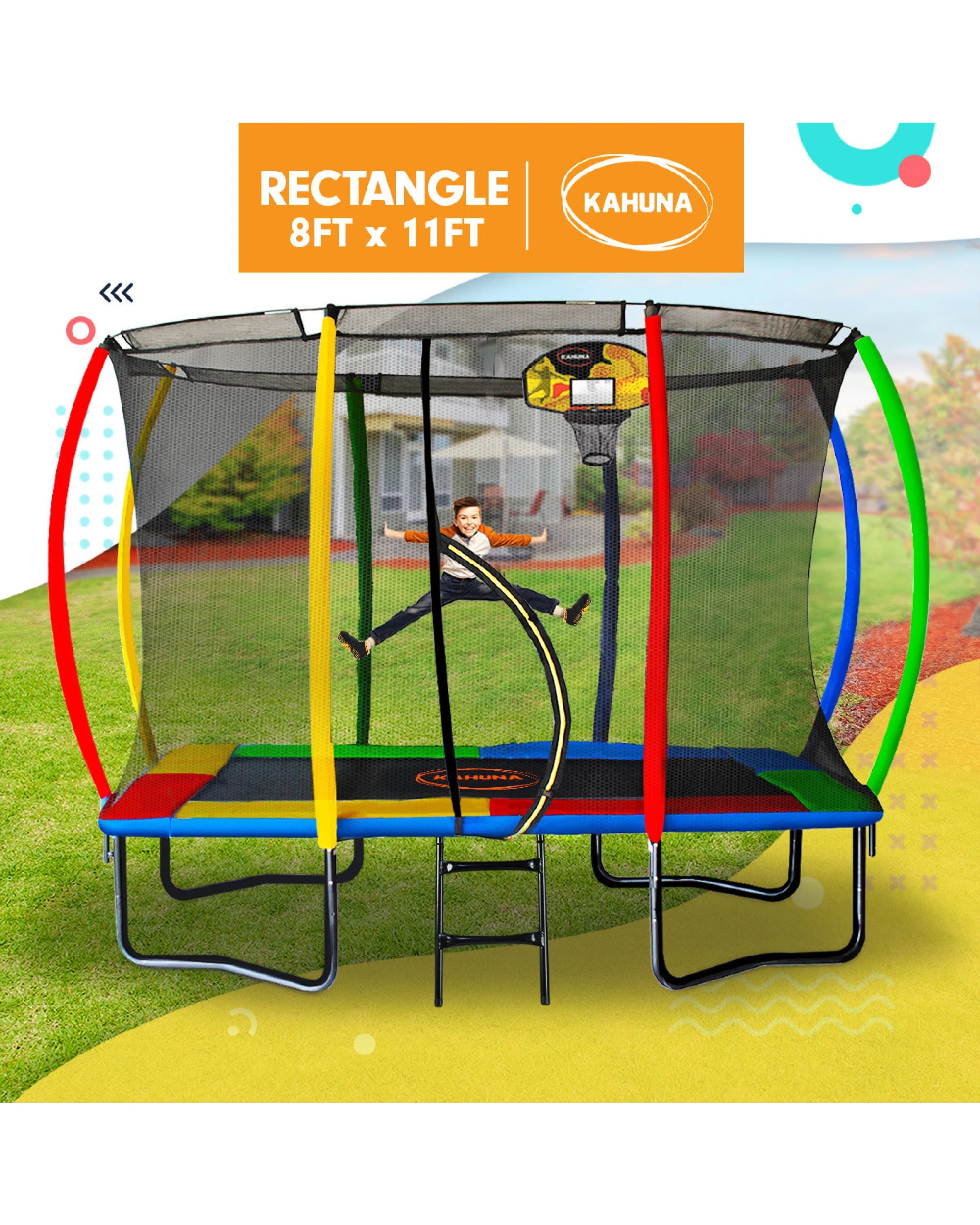 2 Kahuna Trampoline 8 Ft X 11 Ft Outdoor Rectangular Rainbow With Basketball Set, 2 of 10