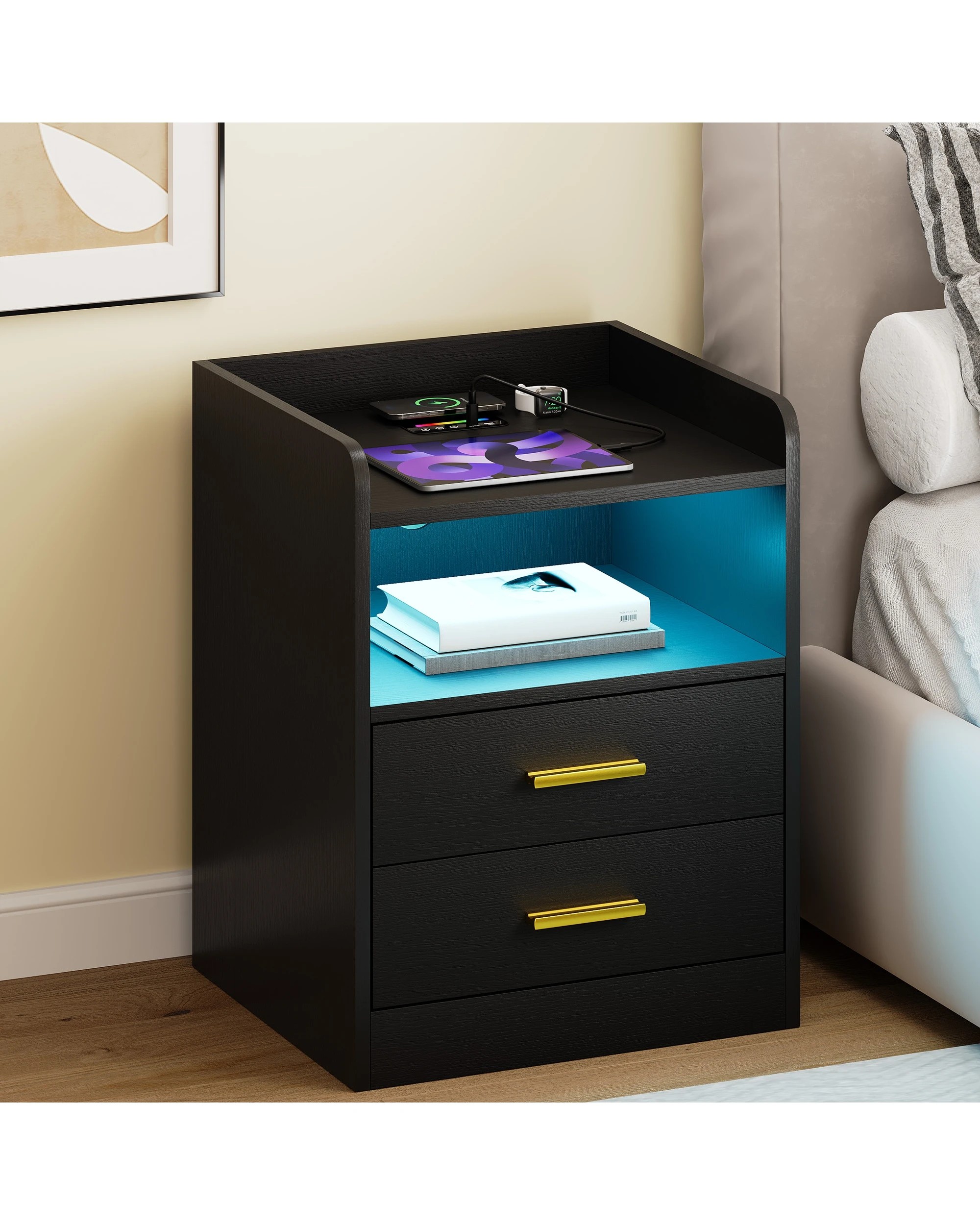 2 Advwin Led Bedside Table 2 Drawers Wireless Charging Station Smart Control - Black, 2 of 9