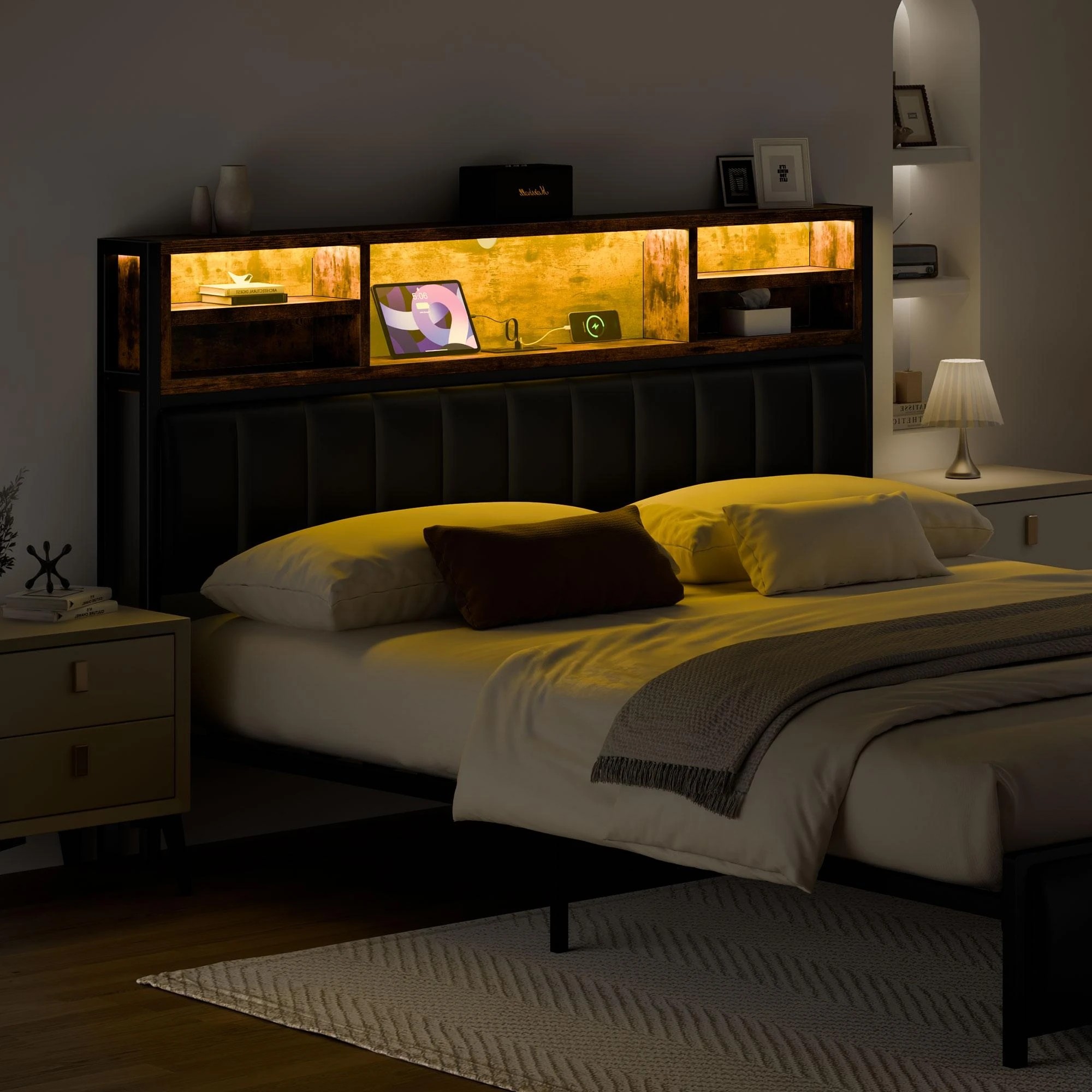 6 Alfordson Bed Frame Double LED Charging Station Leather - Black, 6 of 10
