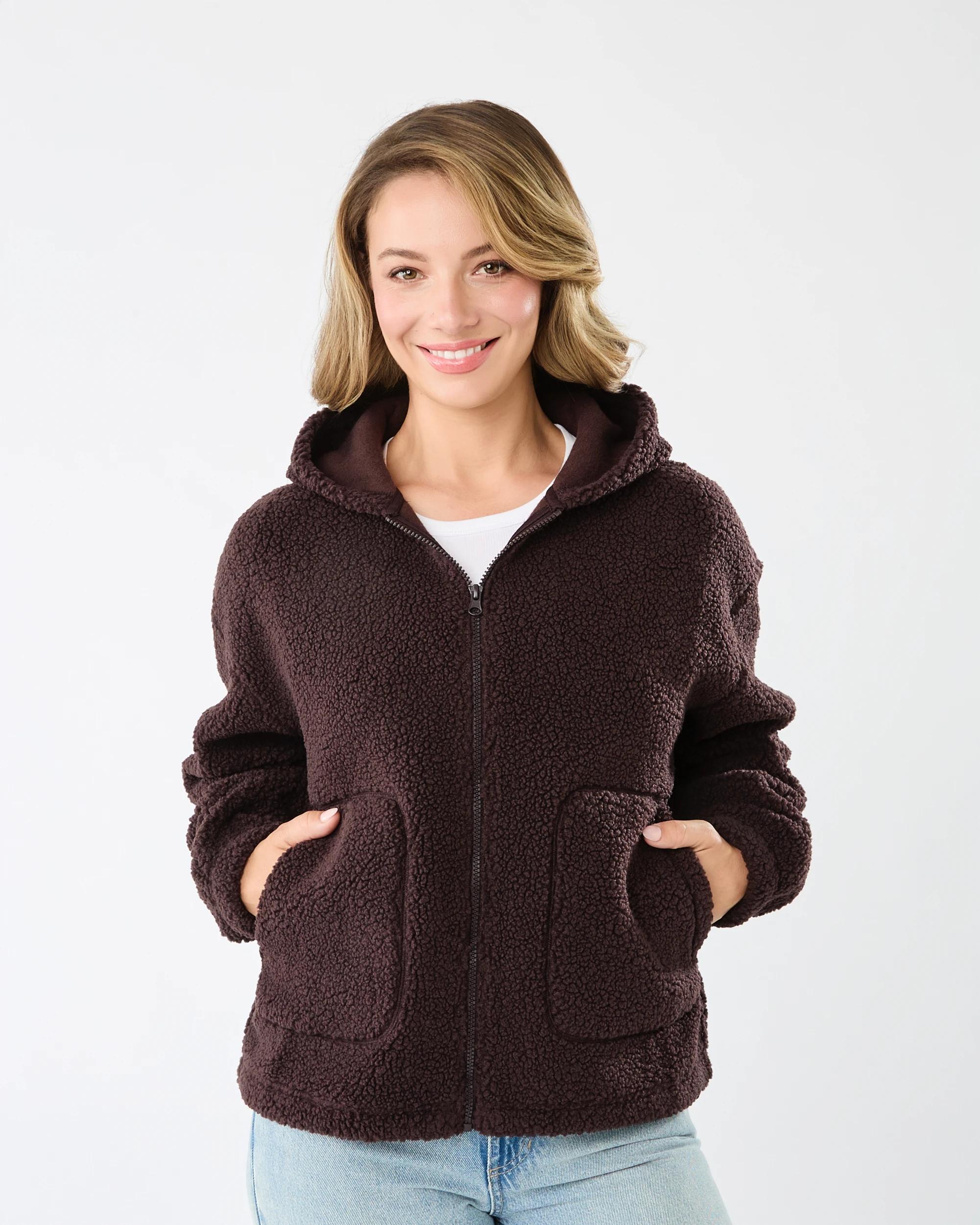 1 Boucle Cosy Zip Through Hoodie Choc Plum, 1 of 7