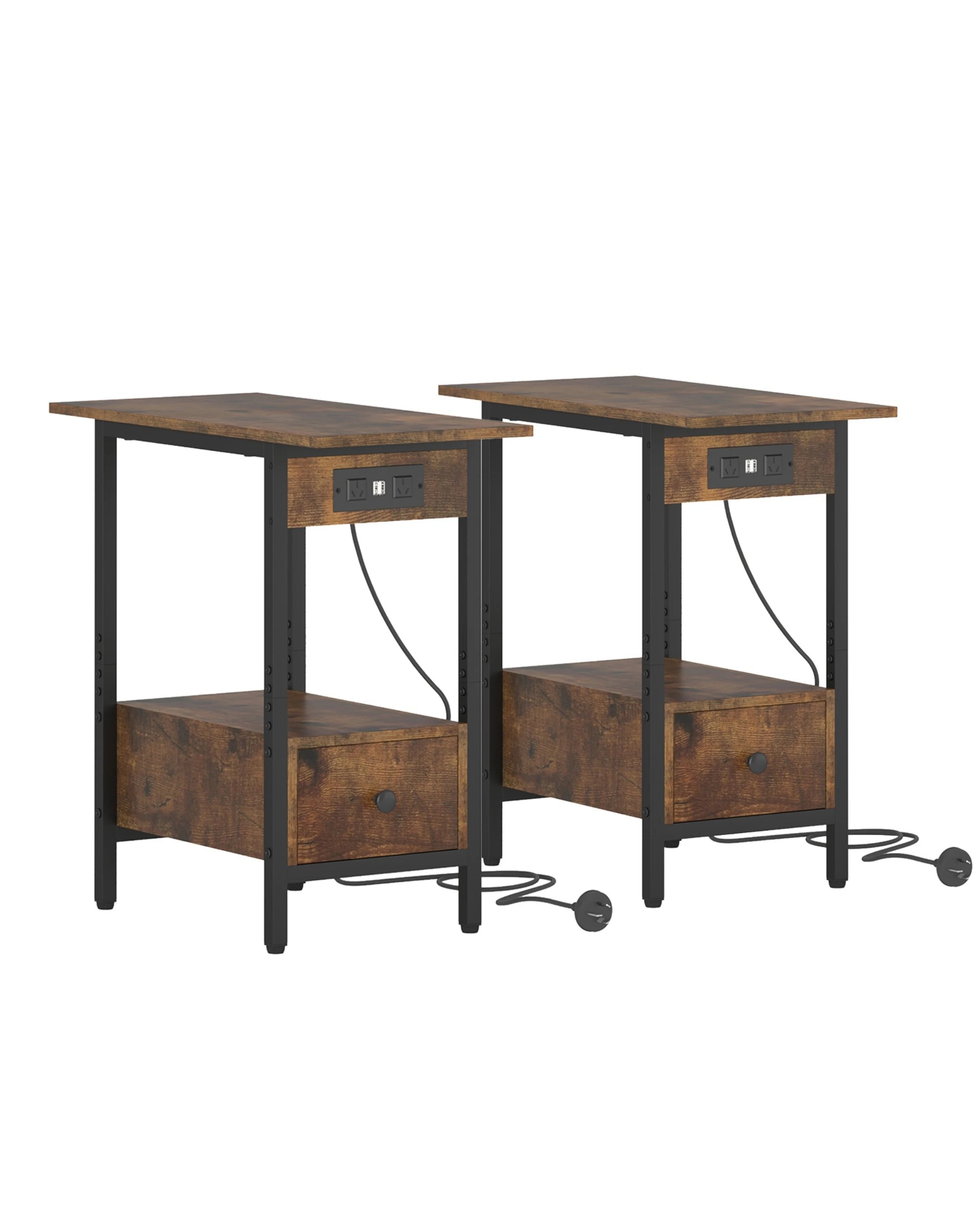 1 Advwin Set of 2 Side Tables w/ Charging Station & Drawer Walnut, 1 of 8