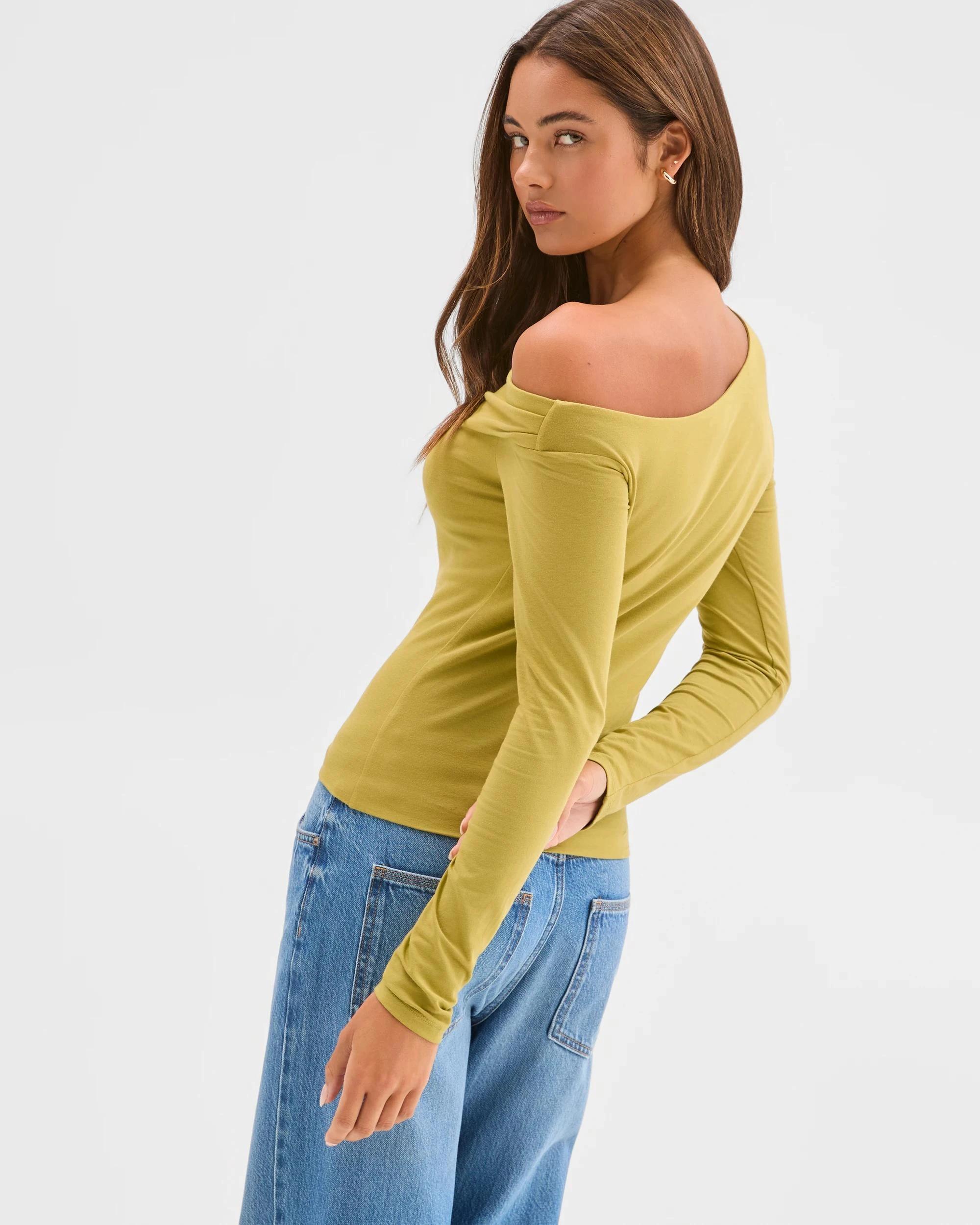 6 Lily Loves Australian Cotton Off Shoulder Long Sleeve Top MARTINI GREEN, 6 of 7