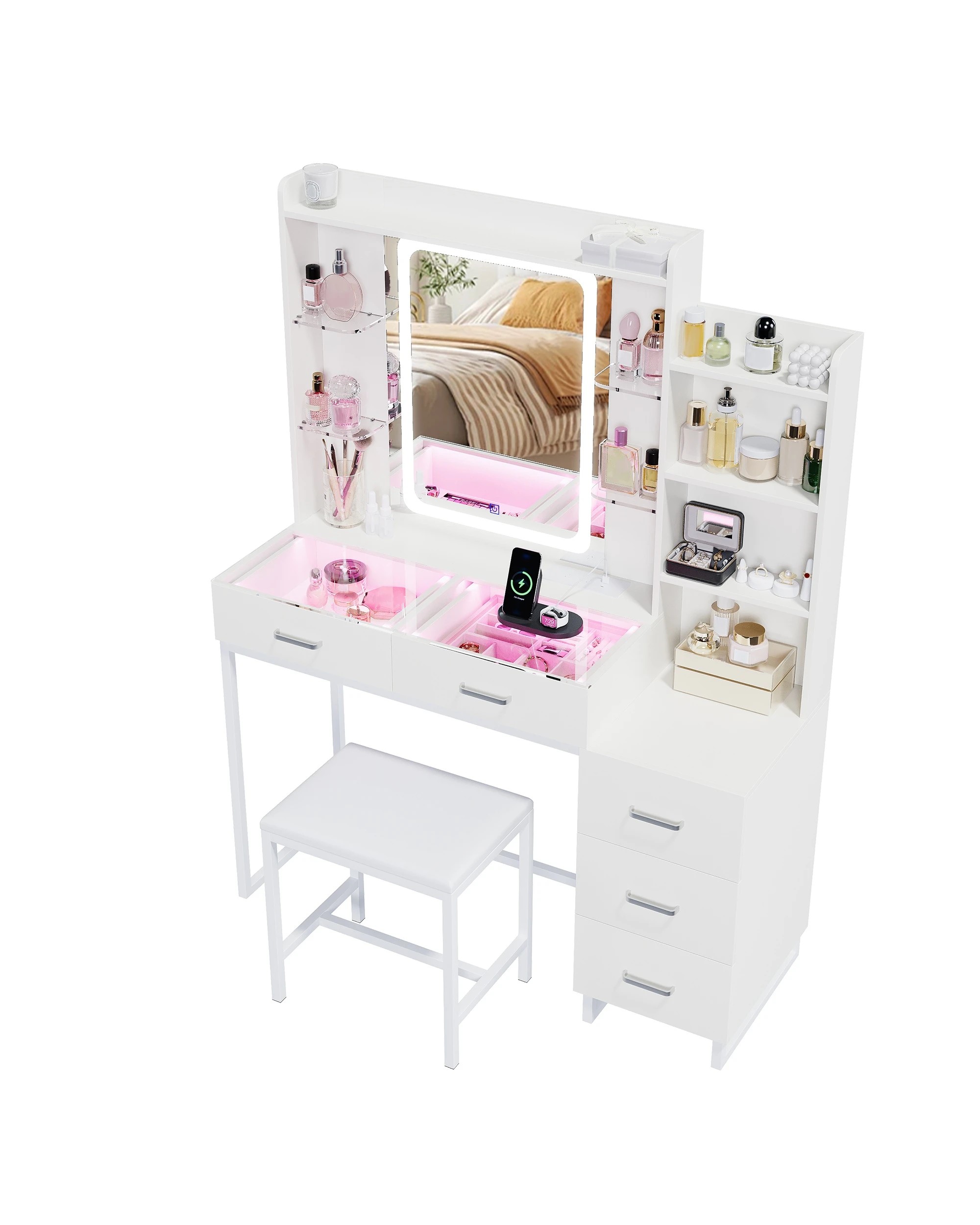 6 Advwin Dressing Table Vanity Desk Glass Top Drawer Wireless Charging LED Light - White, 6 of 10