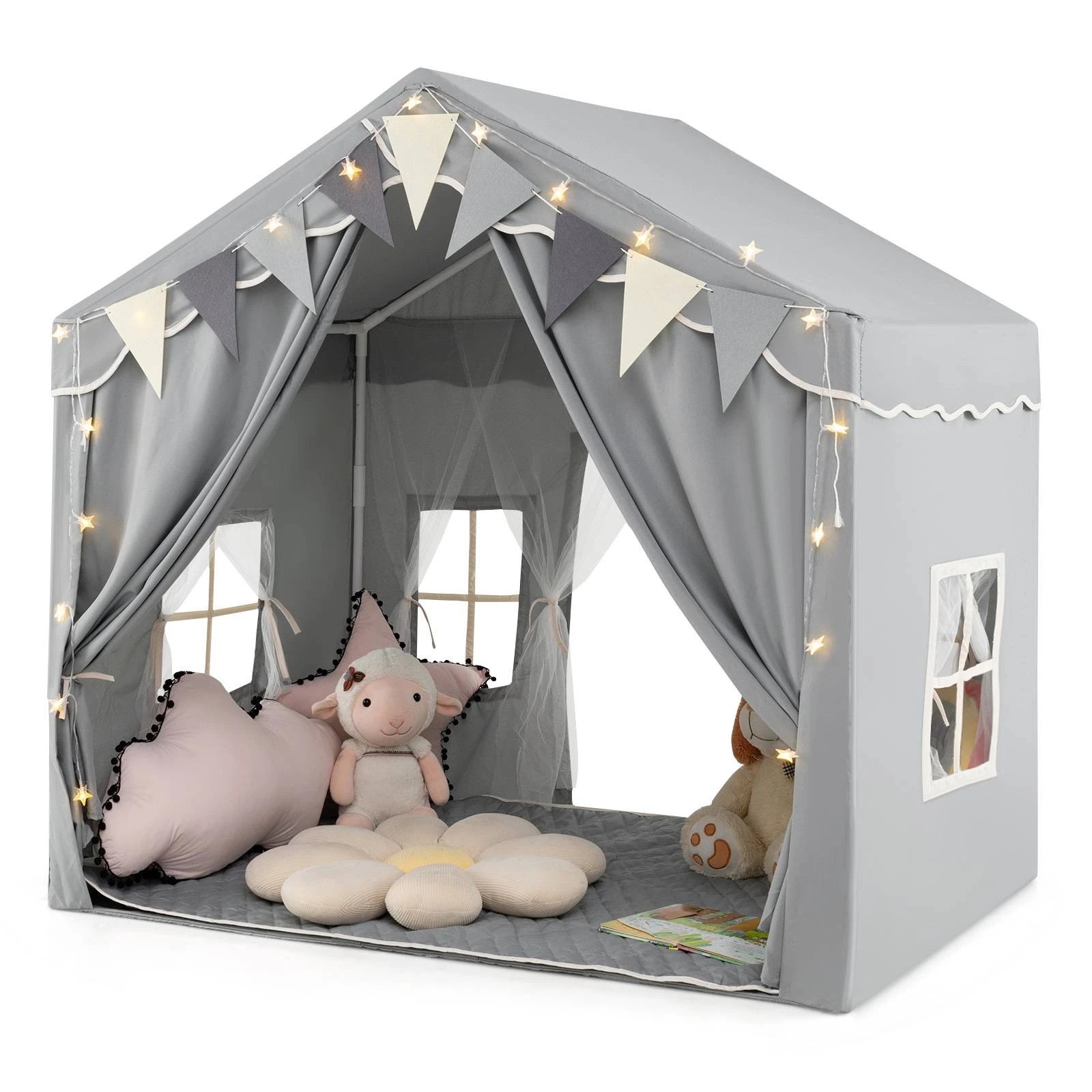 1 Costway Skin-Friendly Large Play Tent House w/Star Lights - Grey, 1 of 1