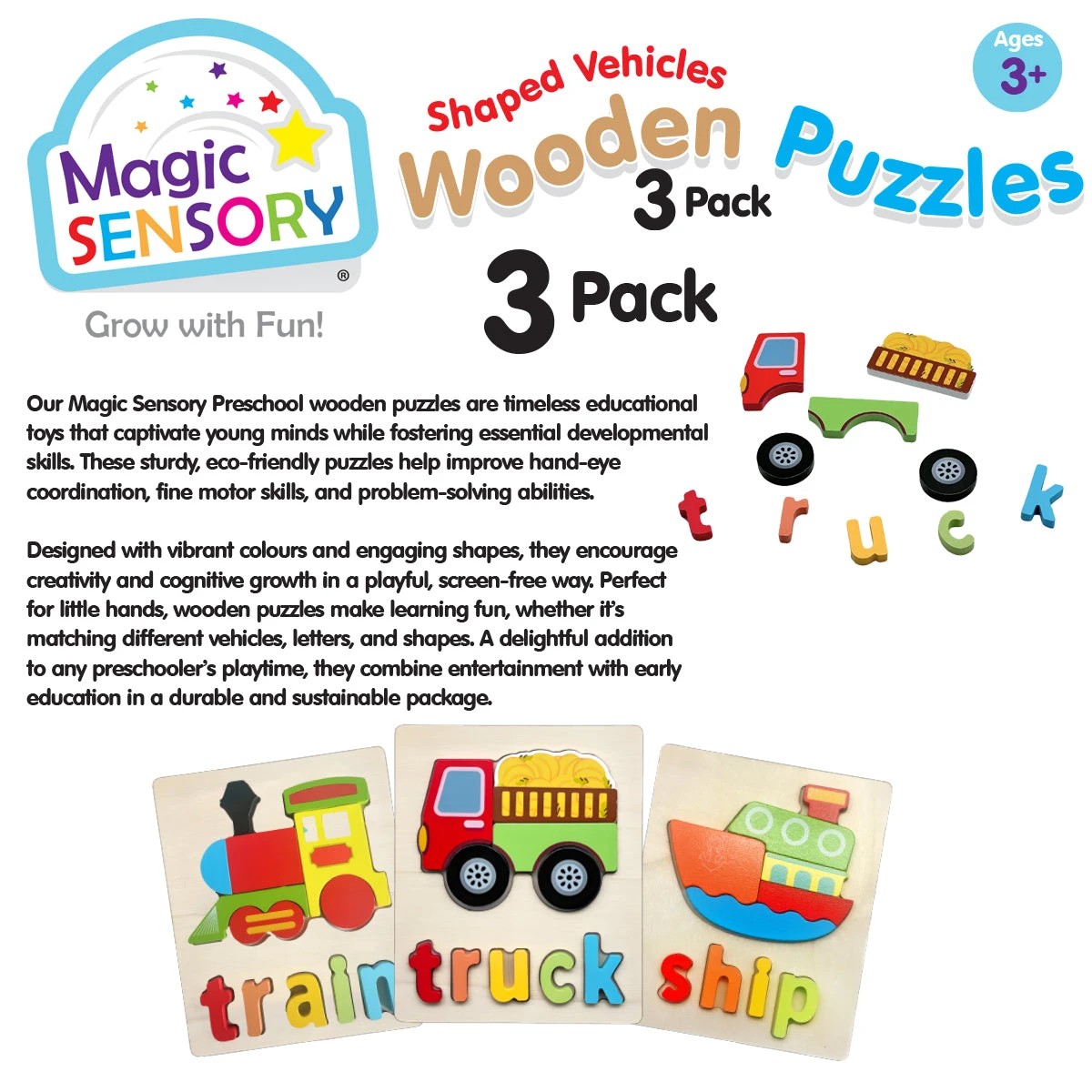 3 Magic Sensory Shaped Vehicles Wooden Puzzles Triple Pack, 3 of 5