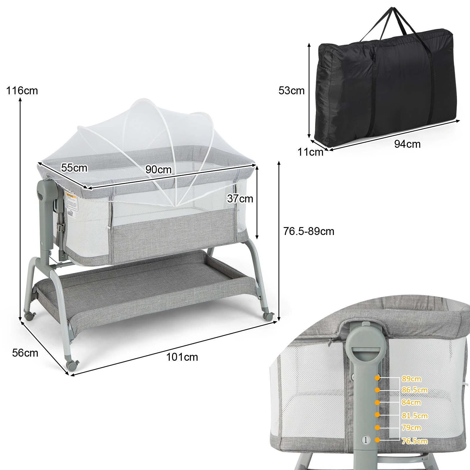 2 Costway 4-in-1 Baby Cot Bed Mobile Bedside Sleeper - Grey, 2 of 6