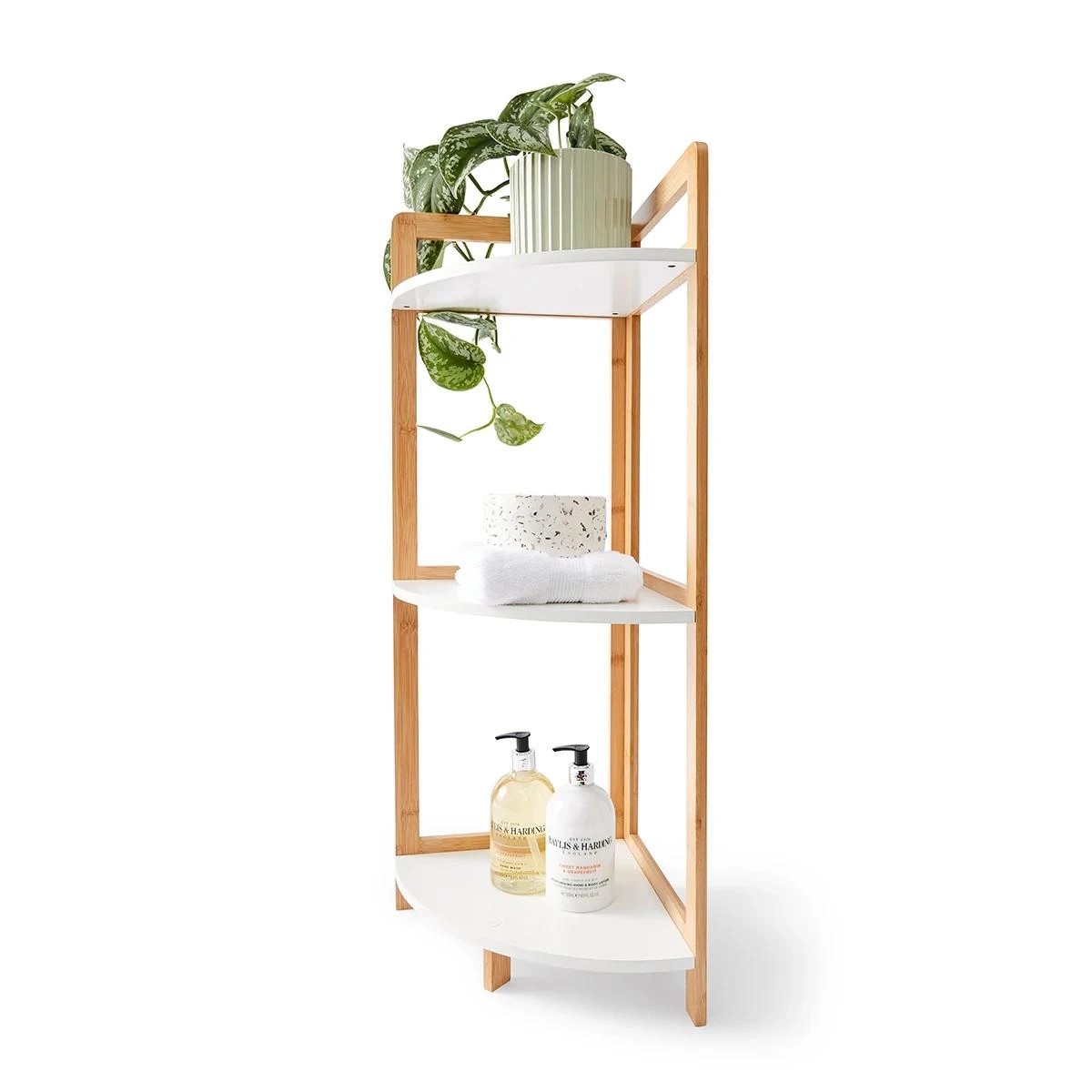 1 Bamboo and White 3 Tier Corner Shelf, 1 of 11