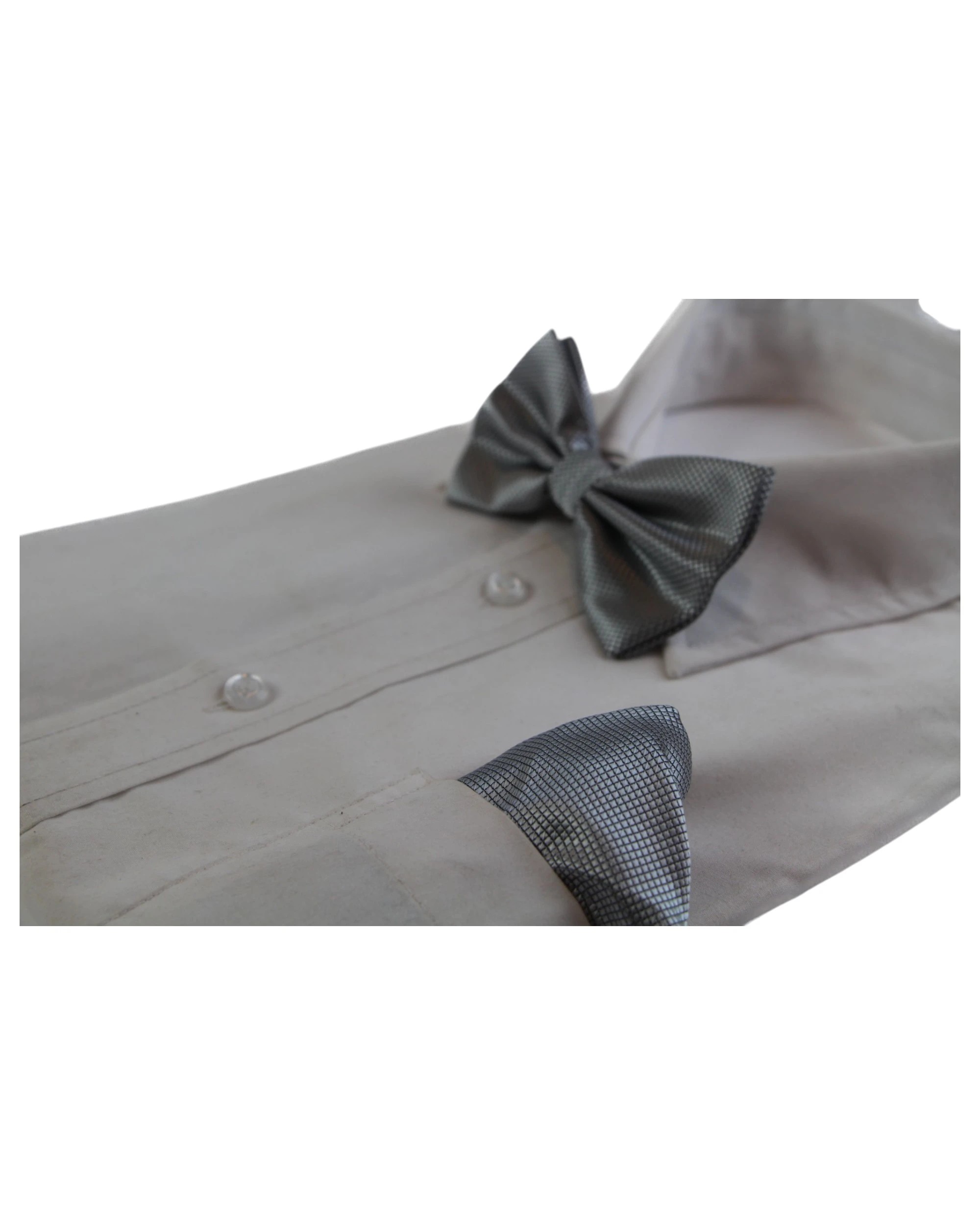 3 Zasel Mens Dark Silver Plain Coloured Checkered Bow Tie & Matching Pocket Square Set - Silver, 3 of 3