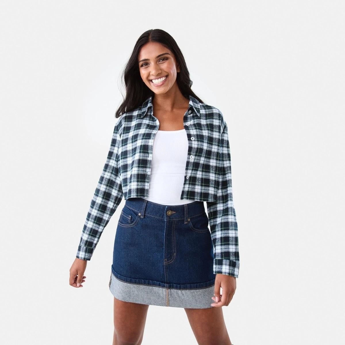 7 Long Sleeve Brushed Crop Shirt Green Chk, 7 of 7