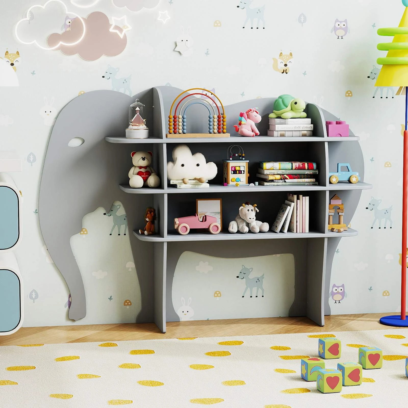 2 Costway 3-Tier Bookcase Elephant Bookshelf Wooden Display Shelf - Grey, 2 of 3