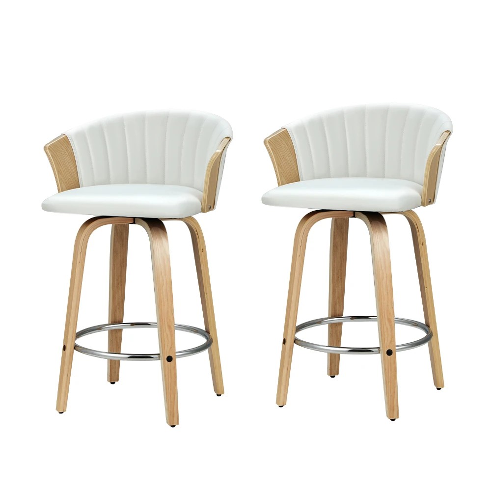 1 Artiss 2x Bar Stools Swivel Leather Chairs Wooden - White, 1 of 5