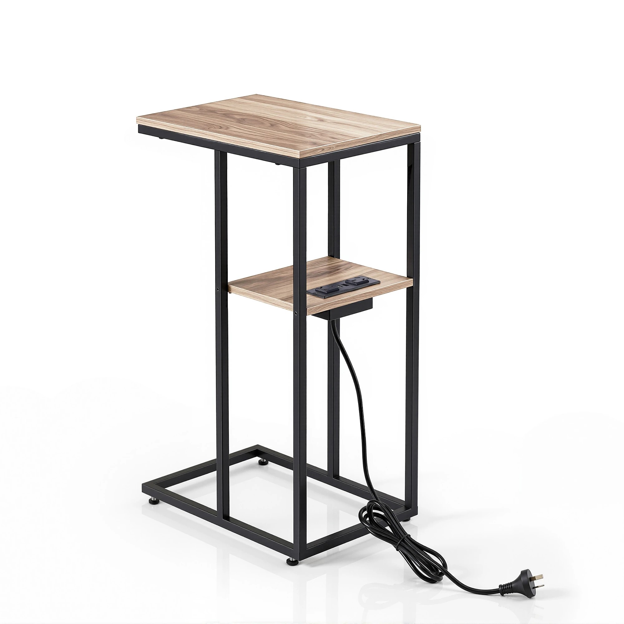 1 Artiss C-Shaped End Table Charging Station 2-Tier Smart Side Coffee Table Bedside Wood - Black, 1 of 8