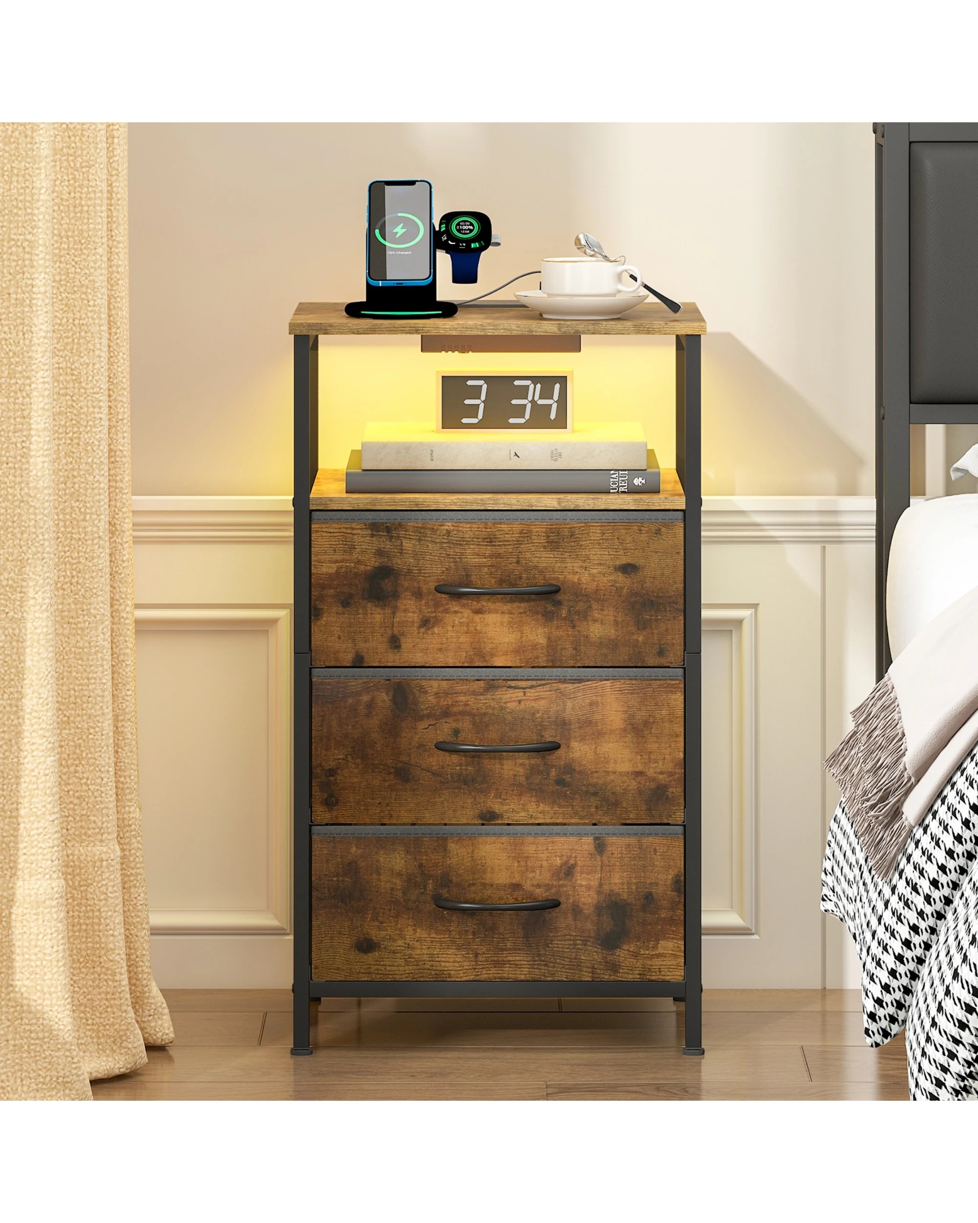 2 Advwin Set of 2 Led Bedside Table with Charging Station 3 Fabric Drawers - Brown, 2 of 7