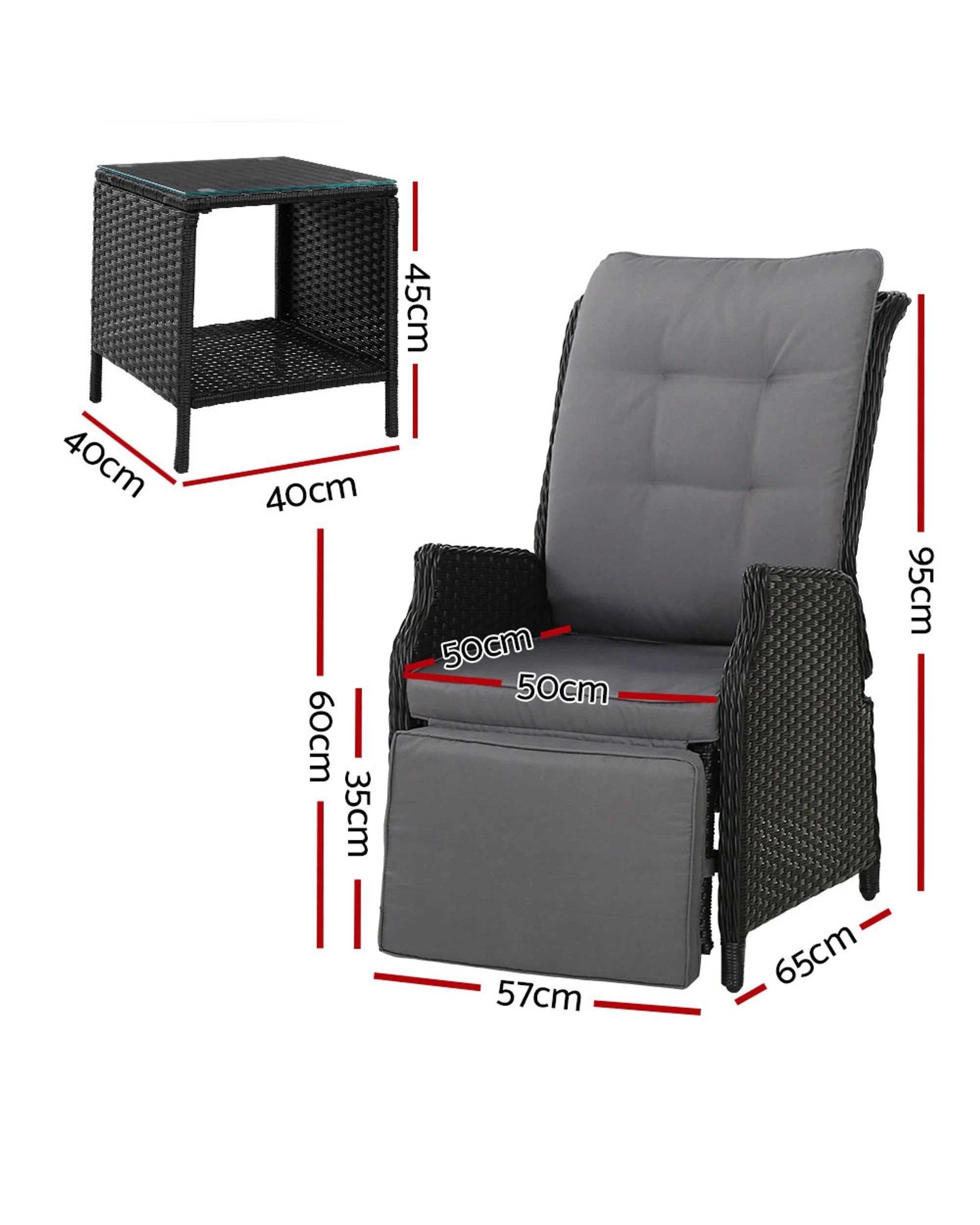 3 Gardeon 3pc Recliner Chairs Table Sun Lounge
 - Black, 3 of 3