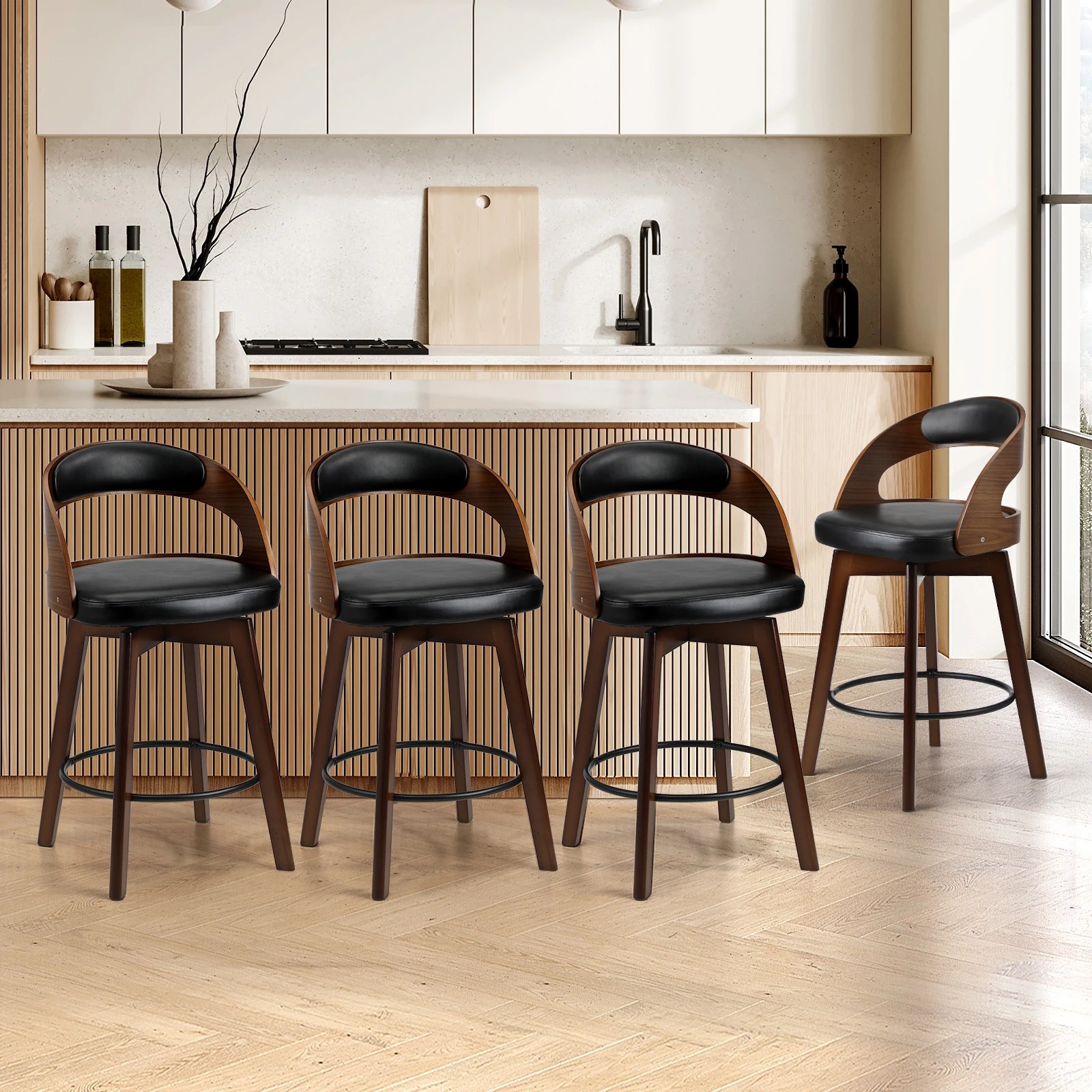 2 Oikiture 4x Bar Stools Kitchen Counter Stool Swivel Dining Chair Pu Leather
 - Black, 2 of 9