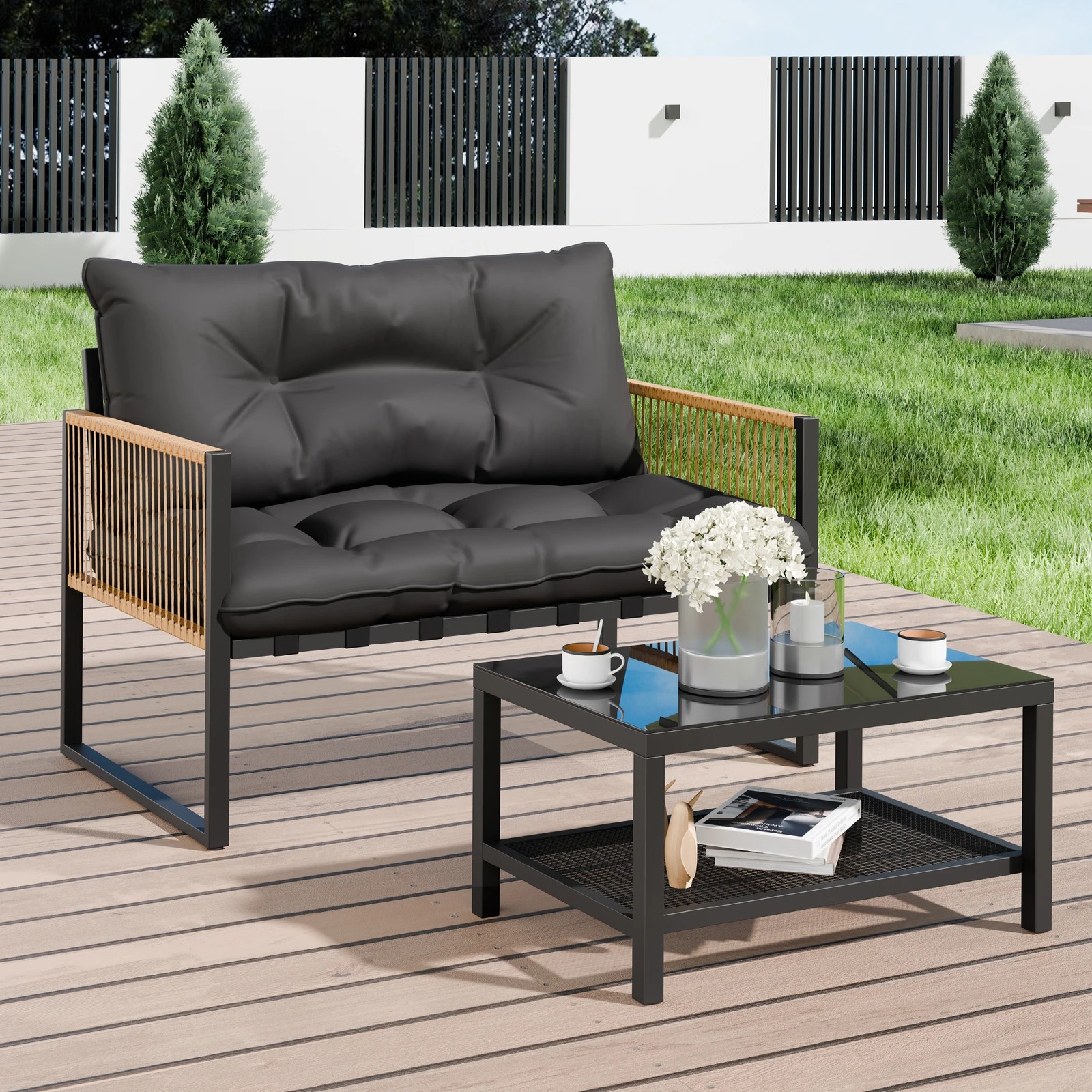 8 Alfordson 2PCS Outdoor Lounge Sofa Set Wicker Furniture Table and Chairs Garden - Grey, 8 of 9