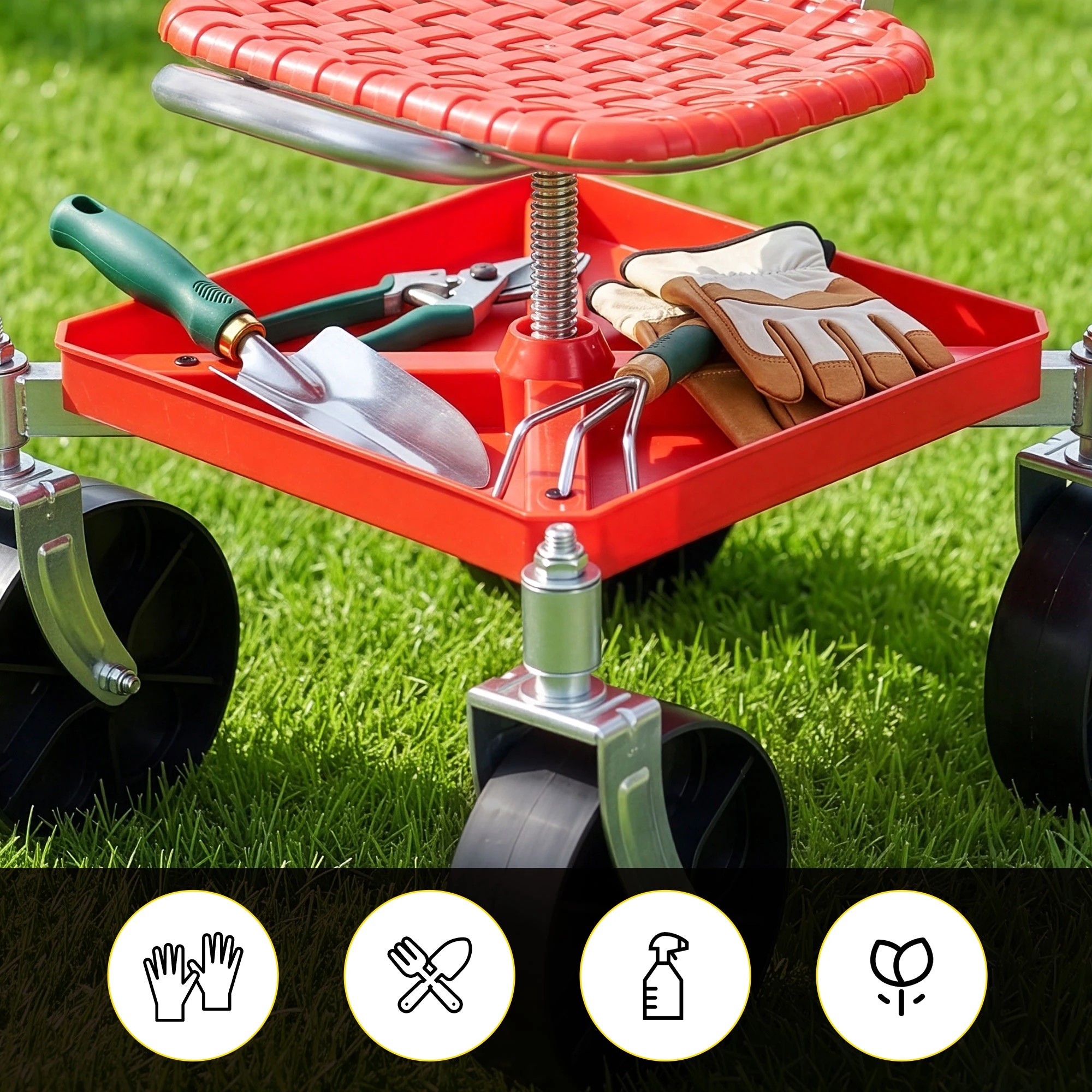 6 Gardeon Garden Cart Seat Rolling Stool 360 Swivel Height Adjustable Heavy Duty - Red, 6 of 9