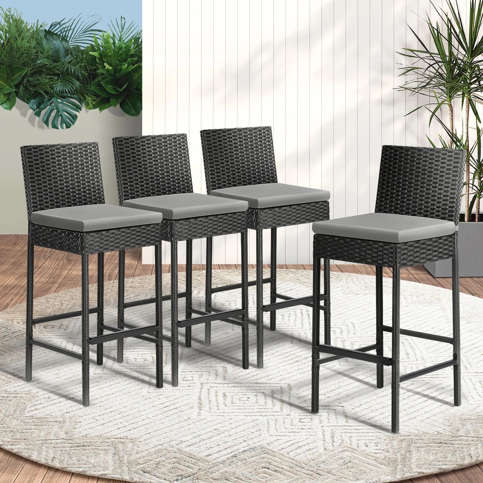 3 Livsip Garden Bar Stools Rattan Dinning Chairs Cafe Outdoor Patio Chairs 4X - Black, 3 of 3