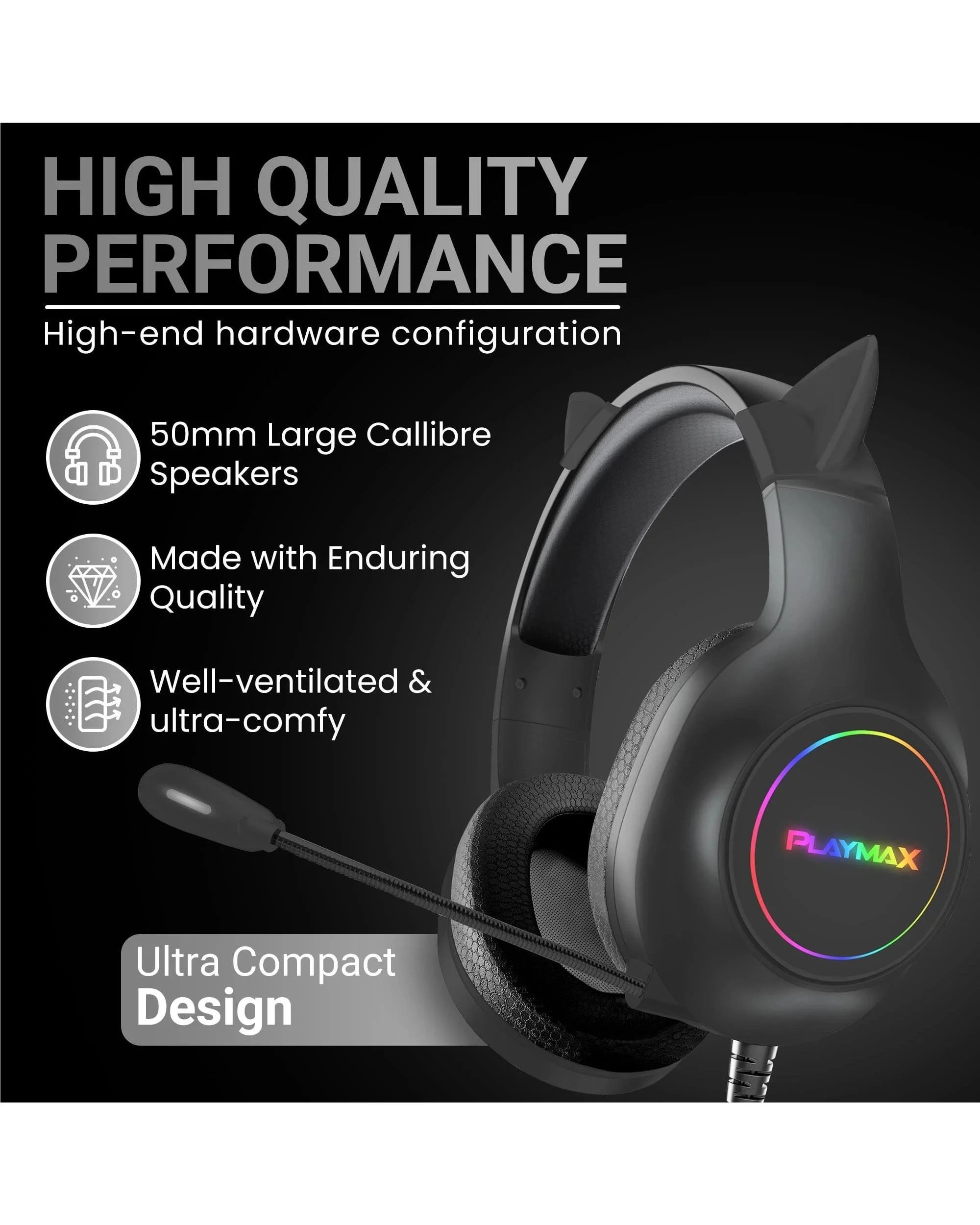 3 Playmax Cat Ear RGB Headset Universal Gaming Headset - Black, 3 of 5