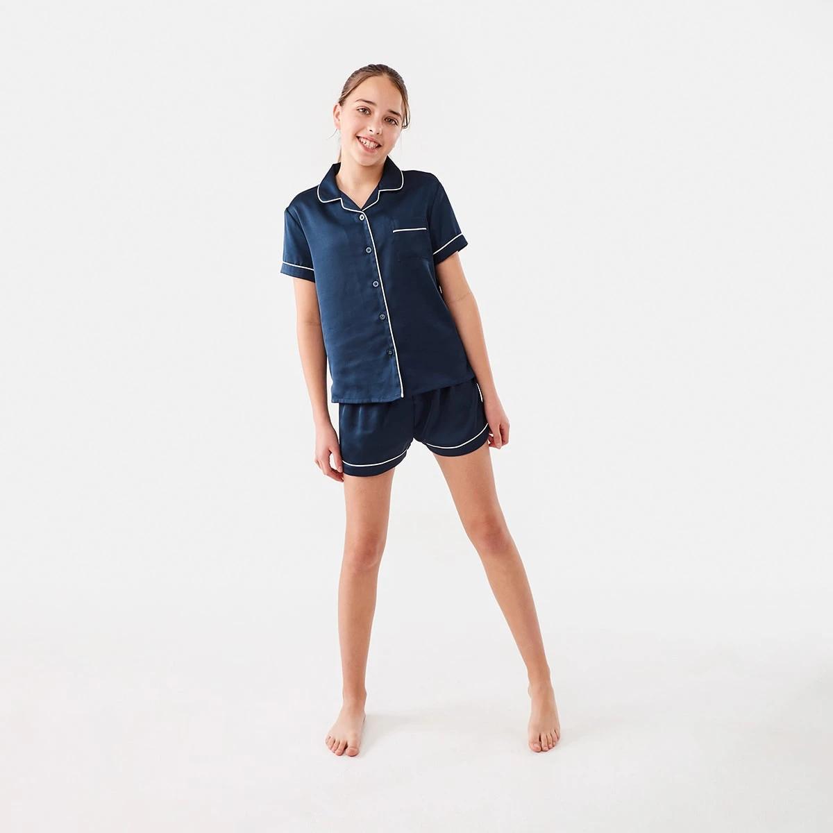 5 Short Sleeve Top and Shorts Satin Pyjama Set Dress Navy, 5 of 10