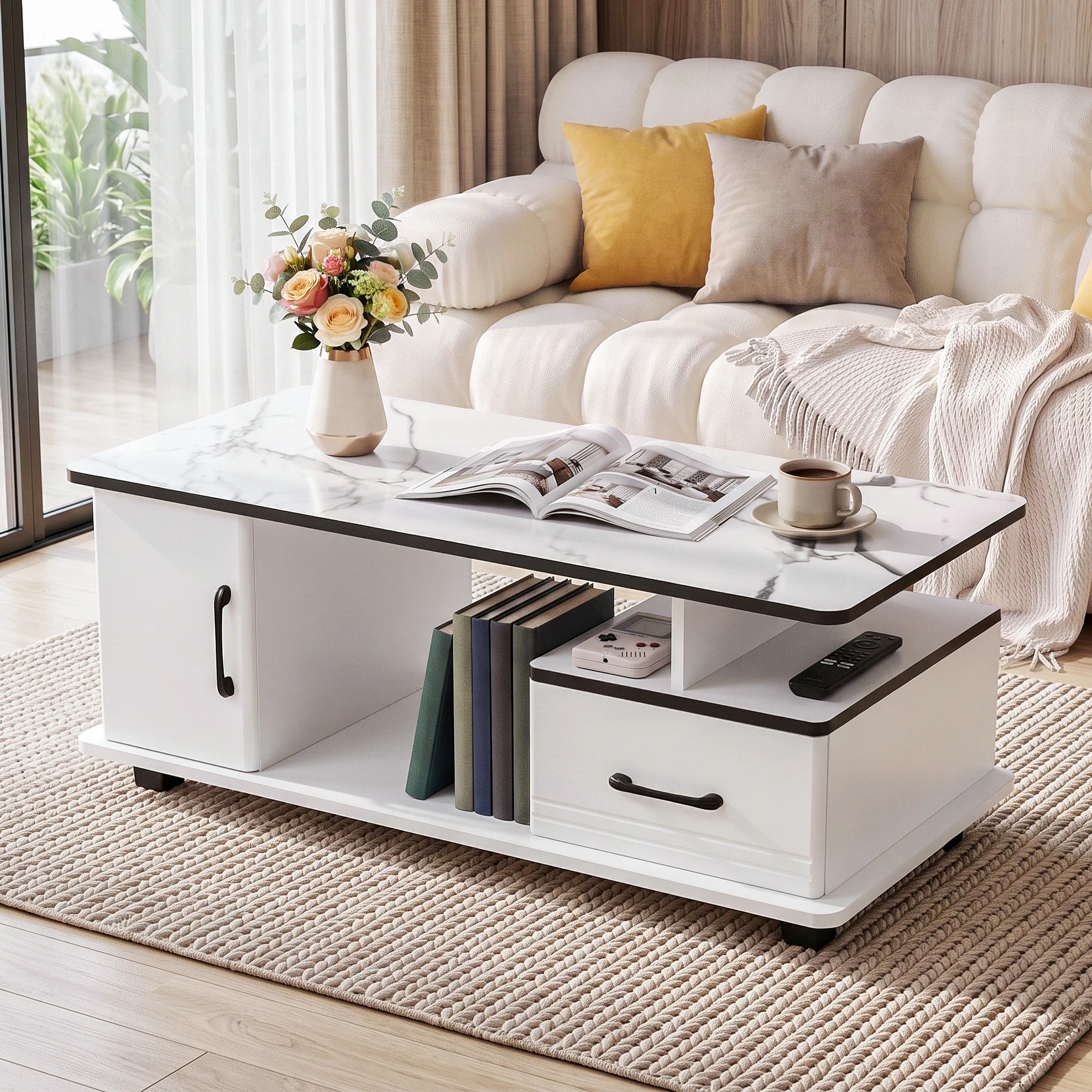2 Artiss Table Marble Finish Center Table with Storage Drawer Cabinet Wood - White, 2 of 7