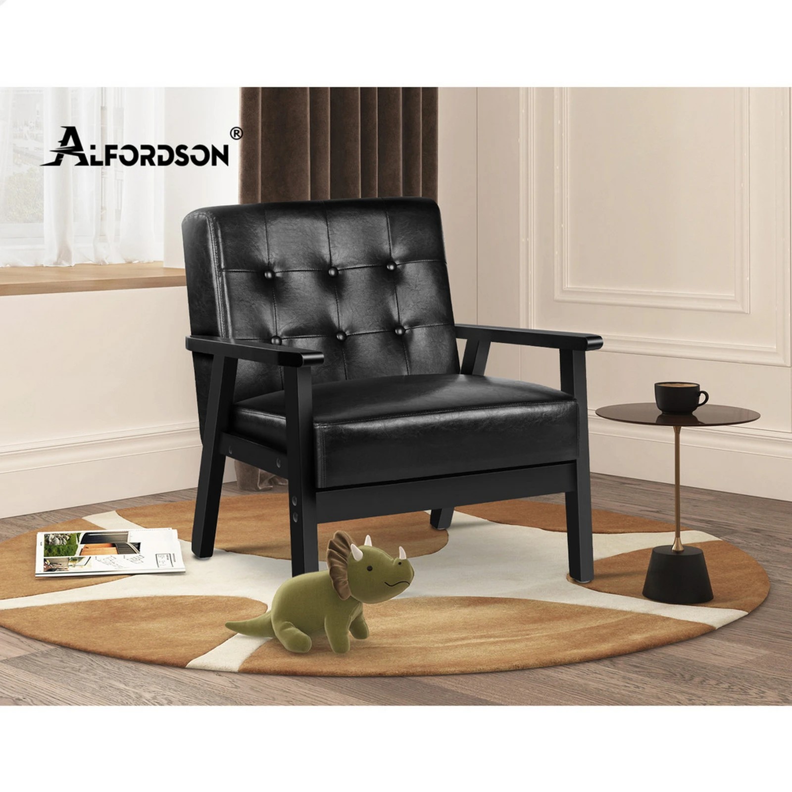 9 Alfordson Armchair Lounge Chair Tufted Accent Chair PU Leather Sofa Couch - Black, 9 of 9