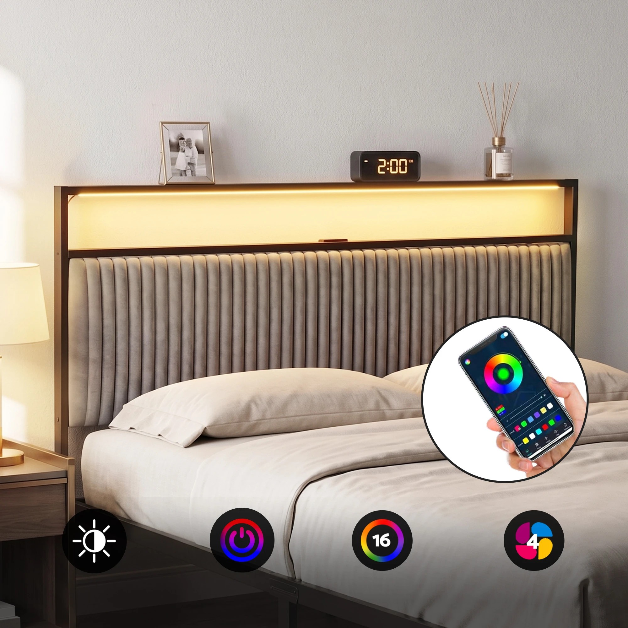 5 Artiss Metal Bed Frame Queen Size LED Charging Station 2 Drawers - Black, 5 of 8