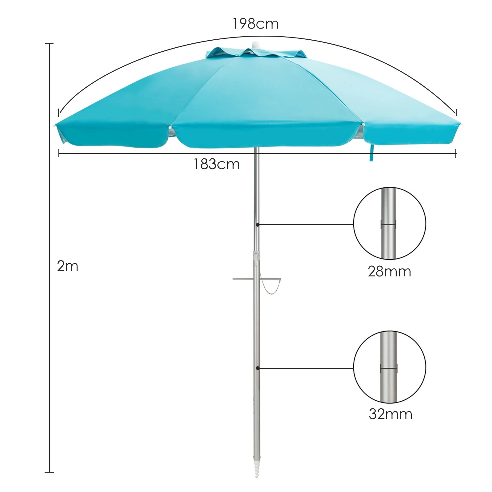 2 Costway Outdoor Umbrella Beach Canopy Sun Shade Aluminium Tilting Parasol Shelter UPF50+ - Blue, 2 of 3