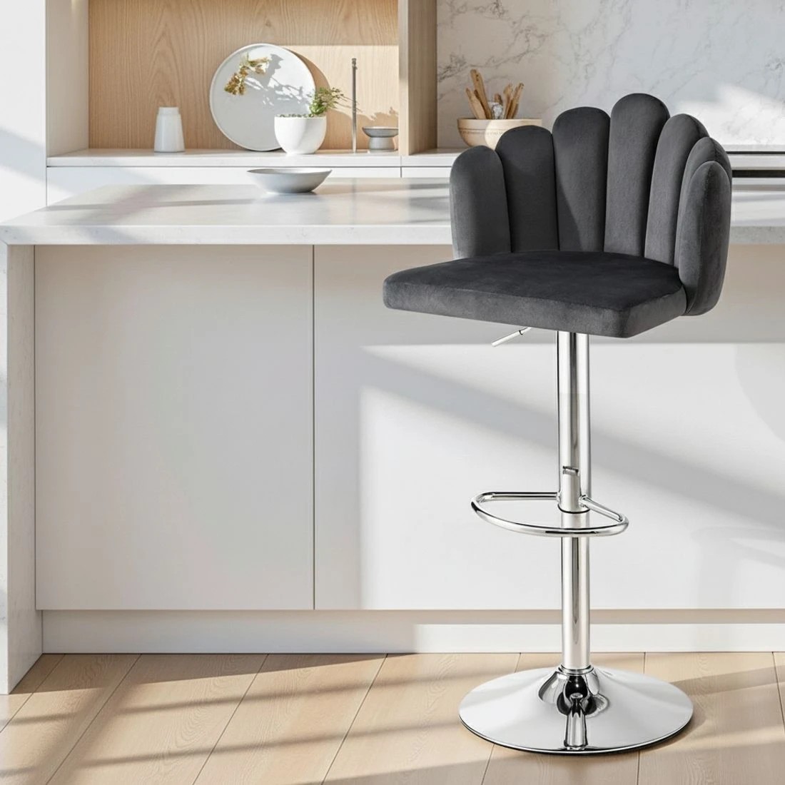 6 Artiss Bar Stool X4 Kitchen Dining Counter Gaslift Chair Adjustable Velvet - Grey, 6 of 6