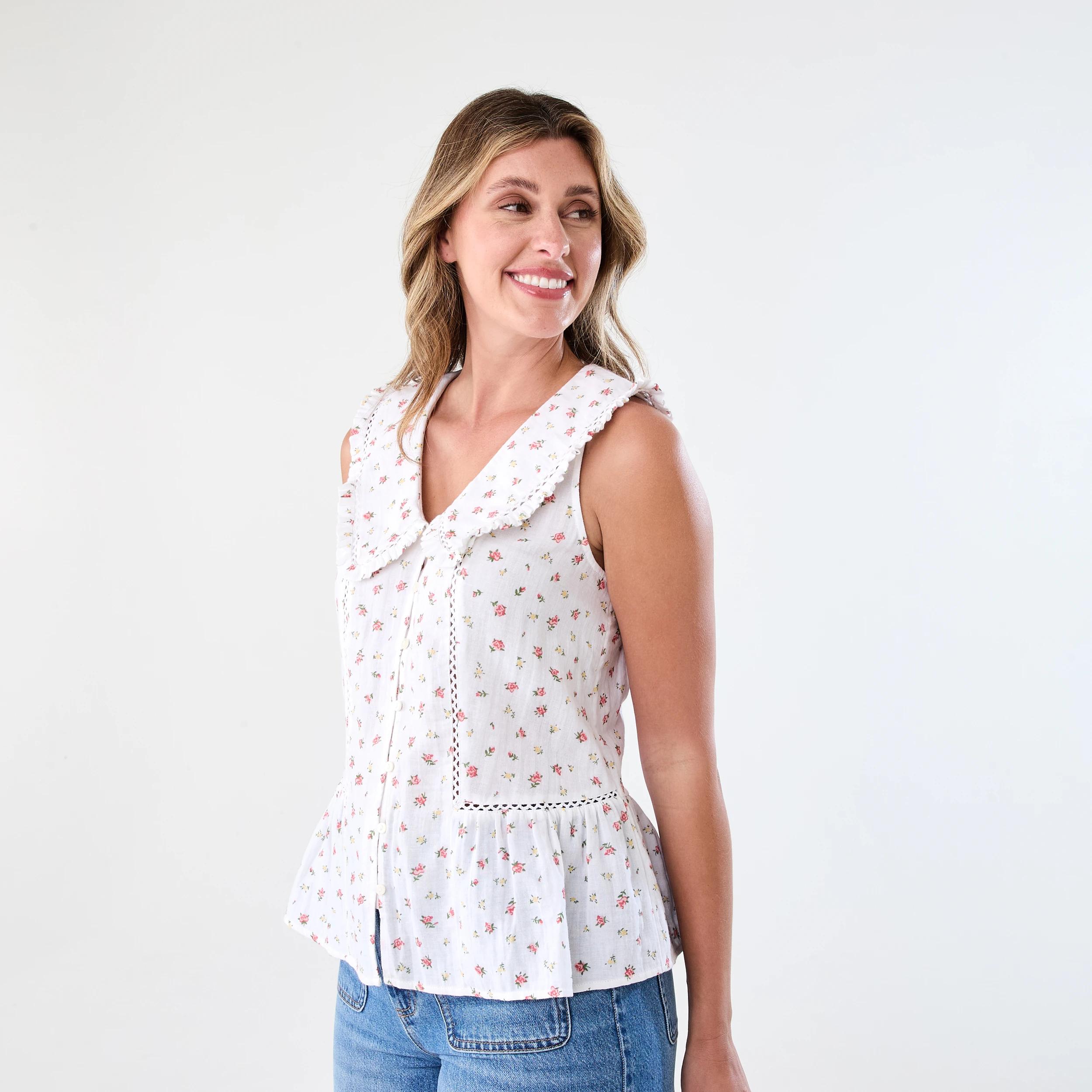 2 Sleeveless Collared Frill Top Pink Ditsy, 2 of 7