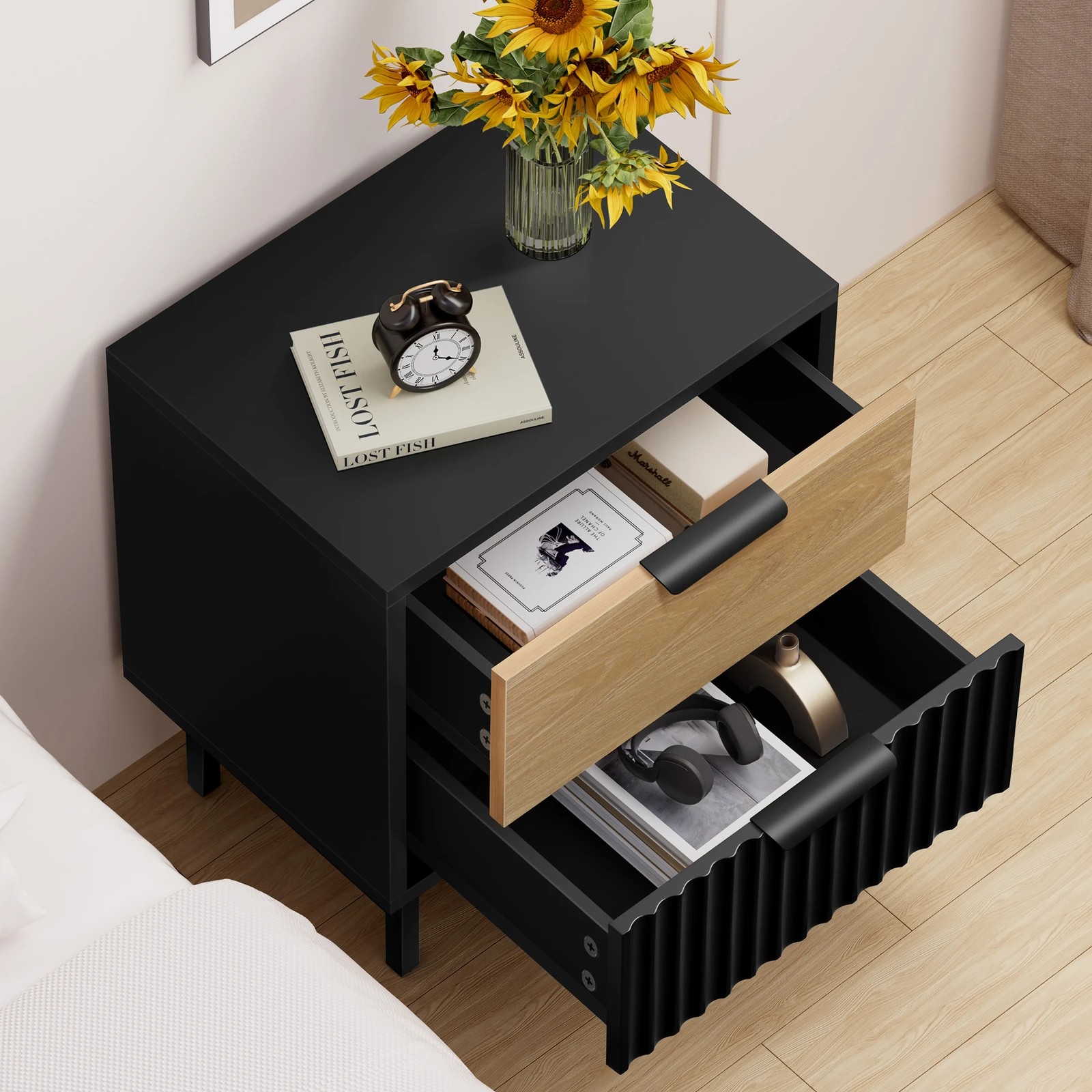 5 Alfordson Bedside Table Nightstand 2 Drawers Side Storage Cabinet - Black Wood, 5 of 10