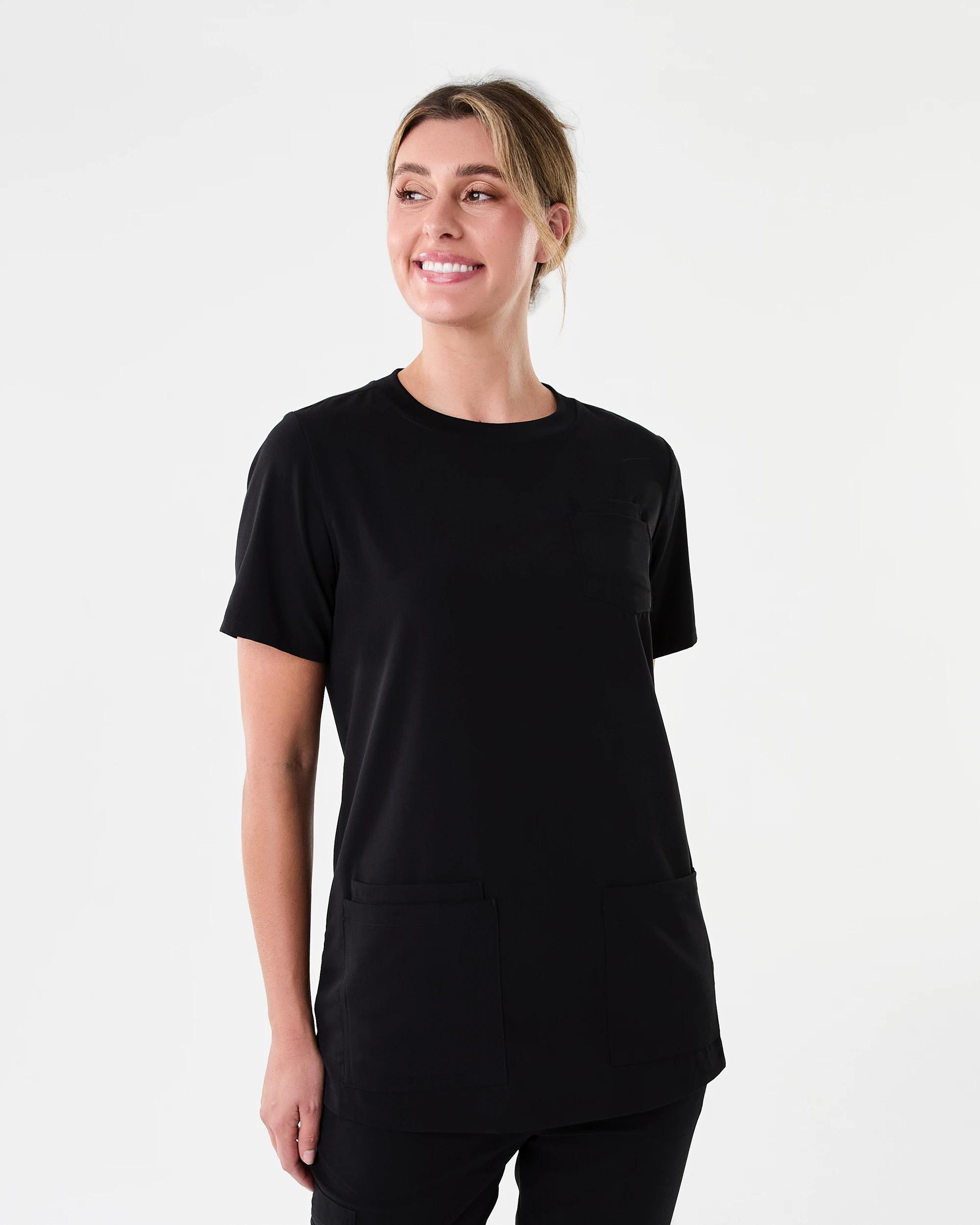 1 Workwear Short Sleeve Womens Crew Scrub Top Black, 1 of 8