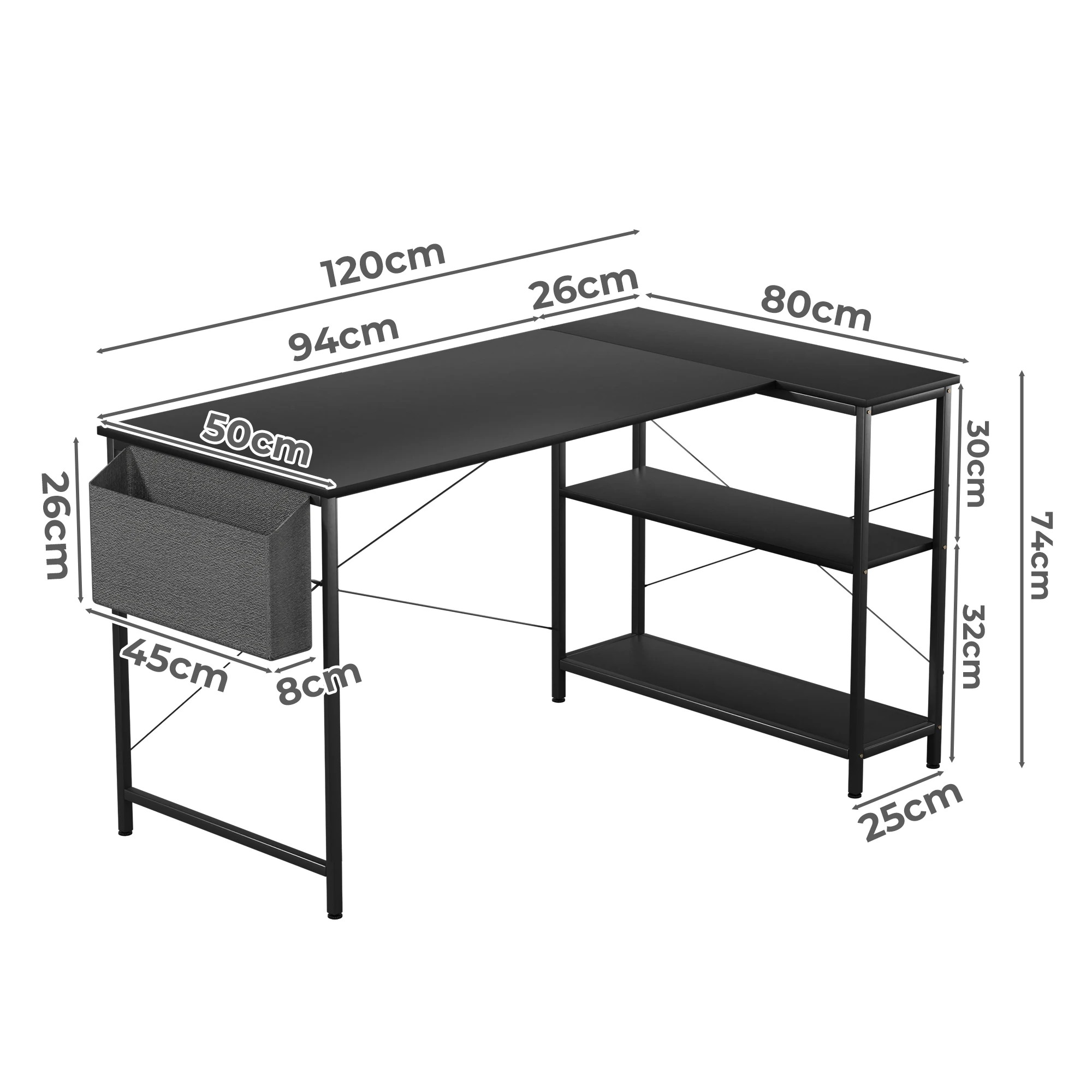 3 Levede L Shaped 120cm Computer Desk - Black, 3 of 9