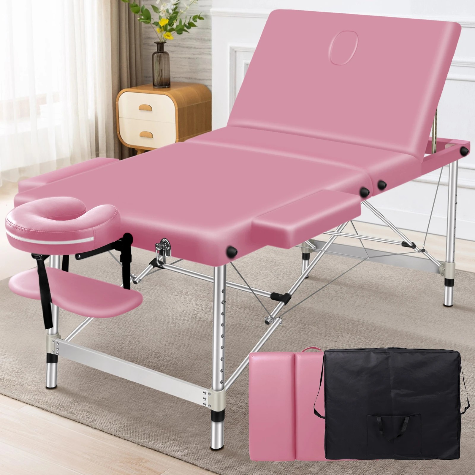 2 Alfordson Massage Table 3 Fold 75cm Foldable Portable Aluminium Lift Up Bed Desk - Pink, 2 of 4