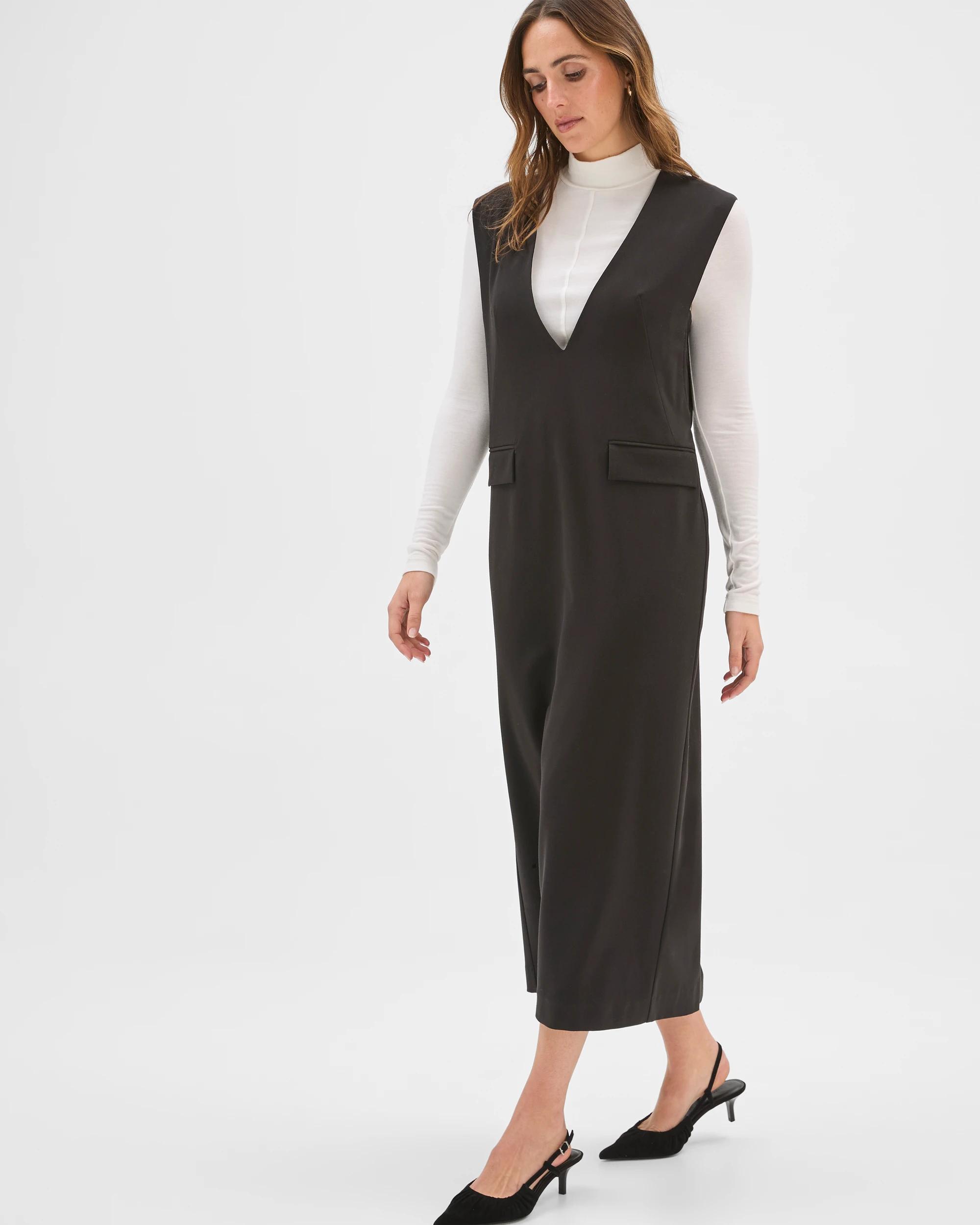 2 Preview Deep V-Neck Column Midi Dress BLACK, 2 of 7