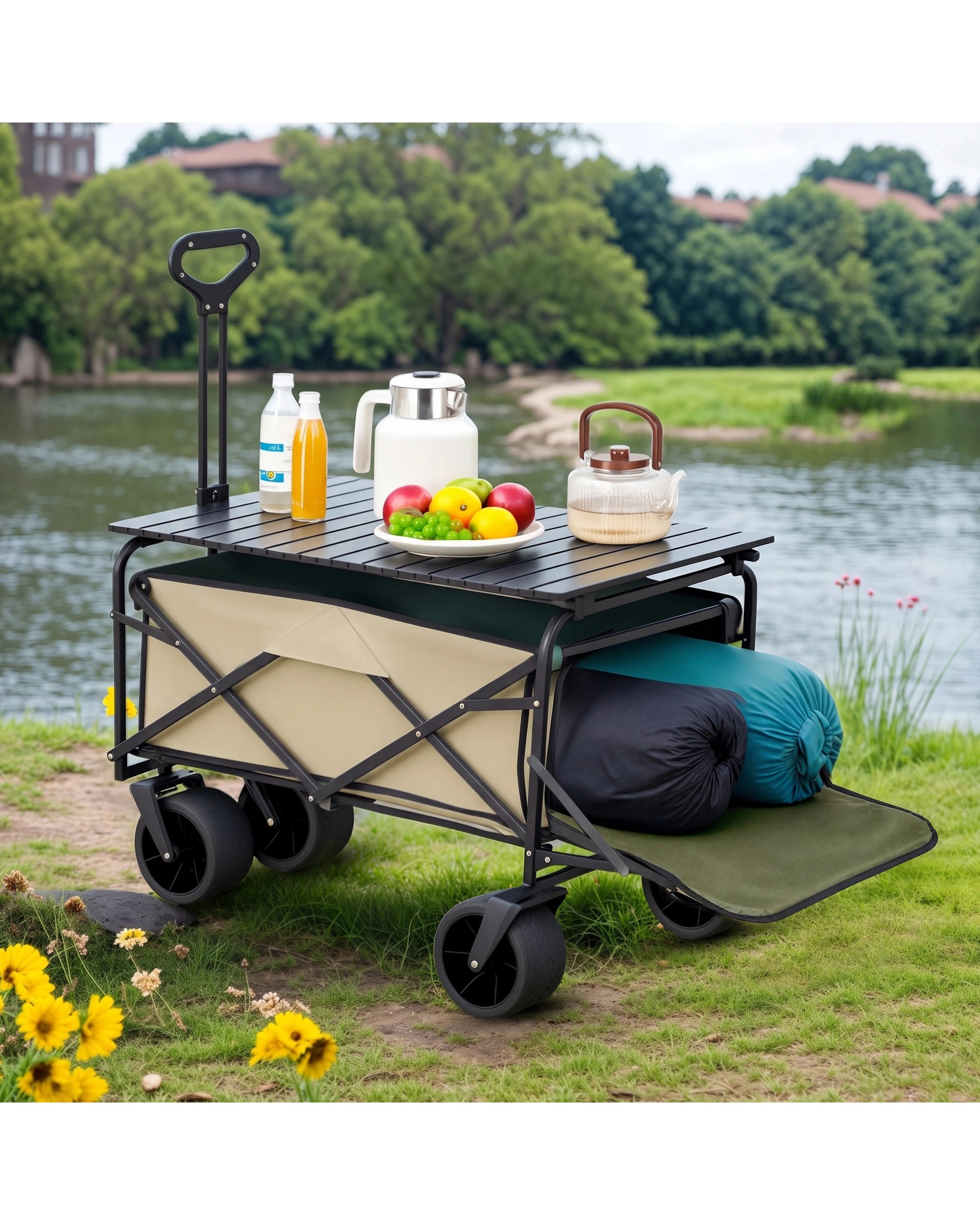 2 Advwin Folding Wagon Cart, Beach Trolley Cart w/Folding Table Board - Beige, 2 of 6