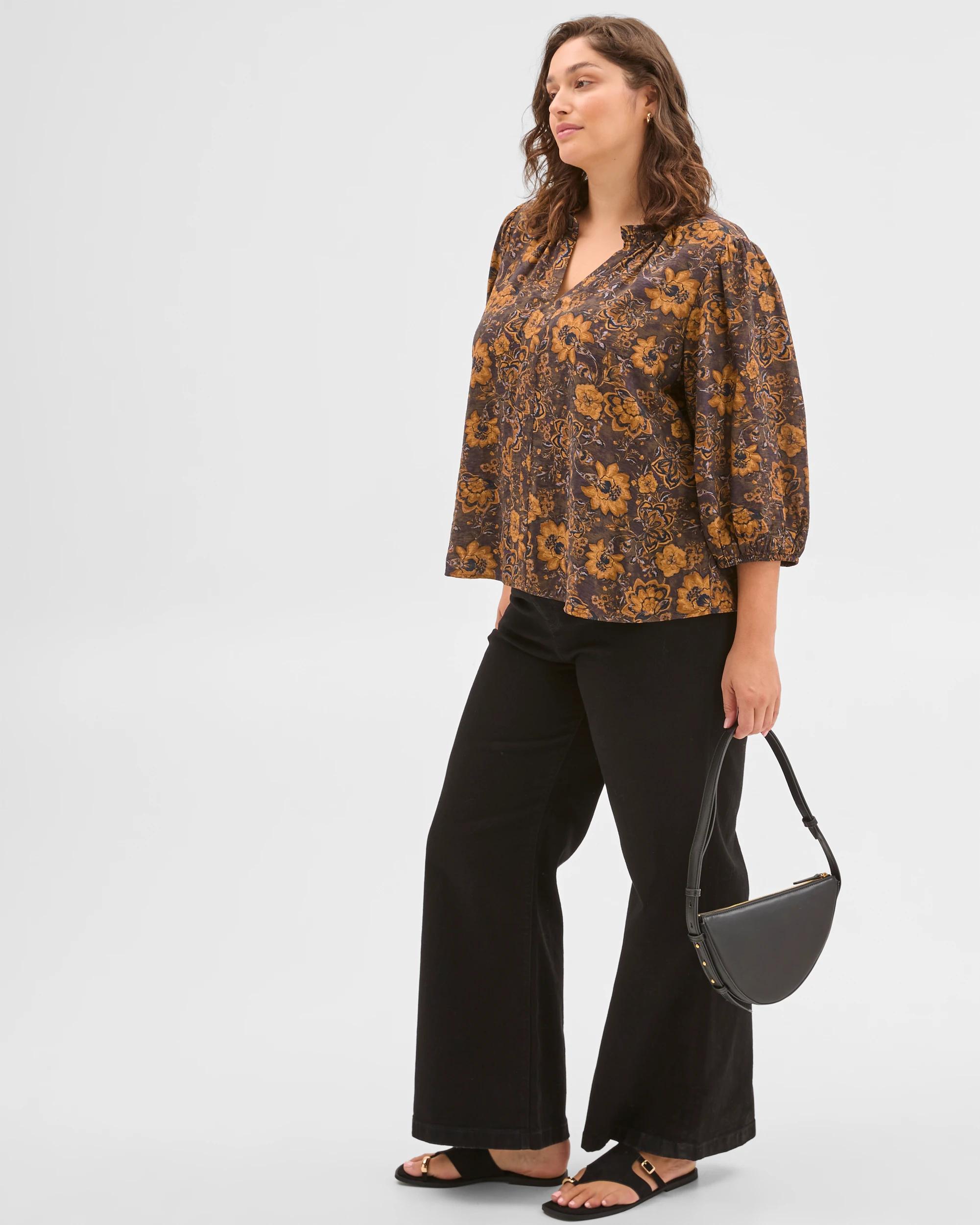 3 Target Curve Plus Size Long Sleeve Print Gathered Blouse BLACK COFFEE, 3 of 6