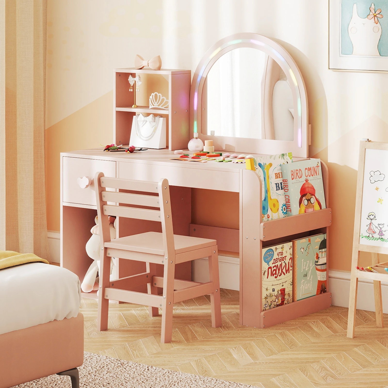 2 Costway Vanity Set Princess Makeup Dressing Table Chair Set w/Lighted Mirror Girls Gift Pink - Pink, 2 of 4