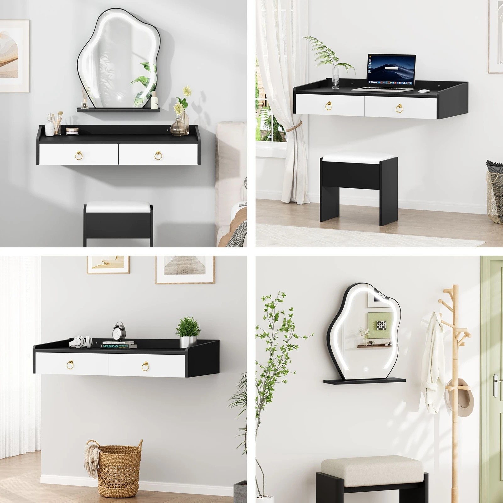 5 Alfordson Dressing Table Stool Floating Makeup Mirror Vanity Desk LED - Black White, 5 of 10