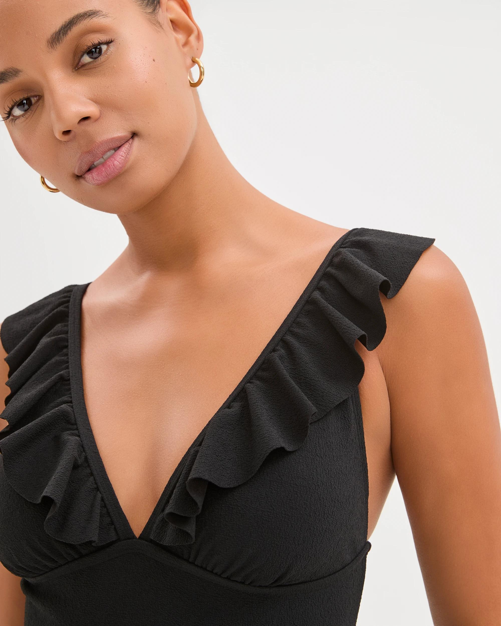 3 Target Woman Shape Your Body Resort V-Neck Frill Soft Textured One-Piece Swimsuit BLACK, 3 of 9