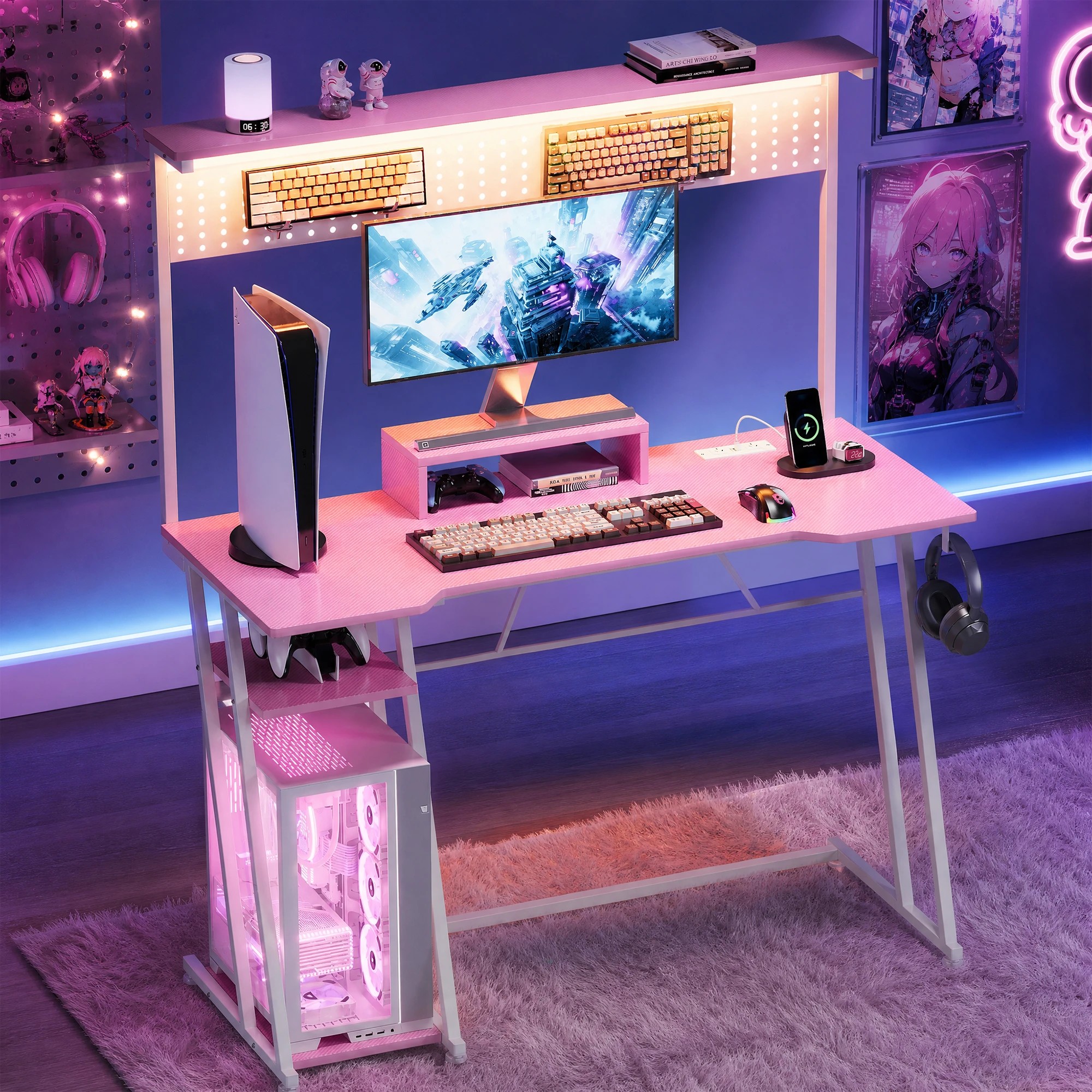 2 Advwin 120cm LED Gaming Desk w/ Power Outlets Reversible Carbon Fiber w/ Shelf hook & Pegboard - Pink, 2 of 8